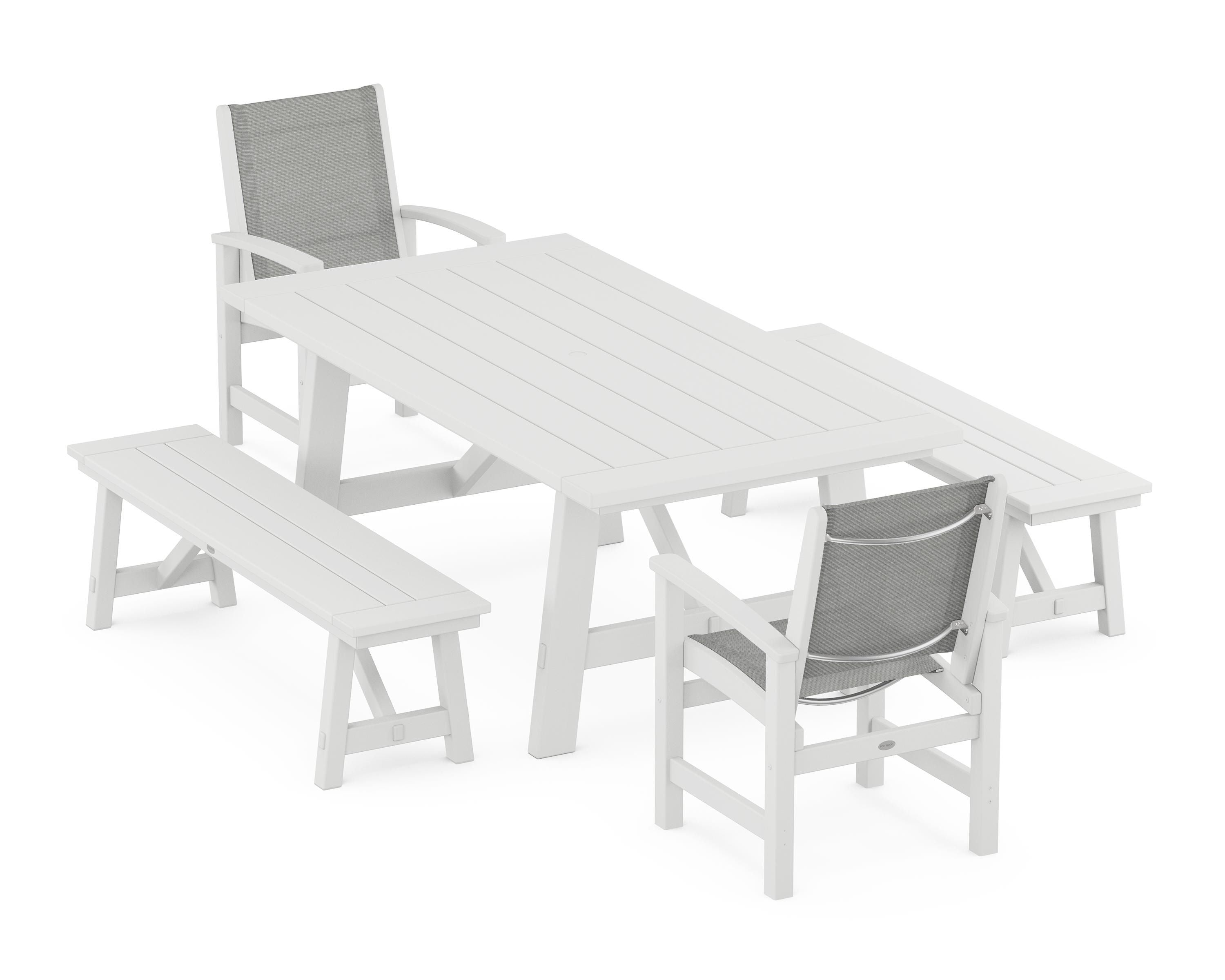 POLYWOOD Coastal 5-Piece Rustic Farmhouse Dining Set With Benches in White / Metallic Sling