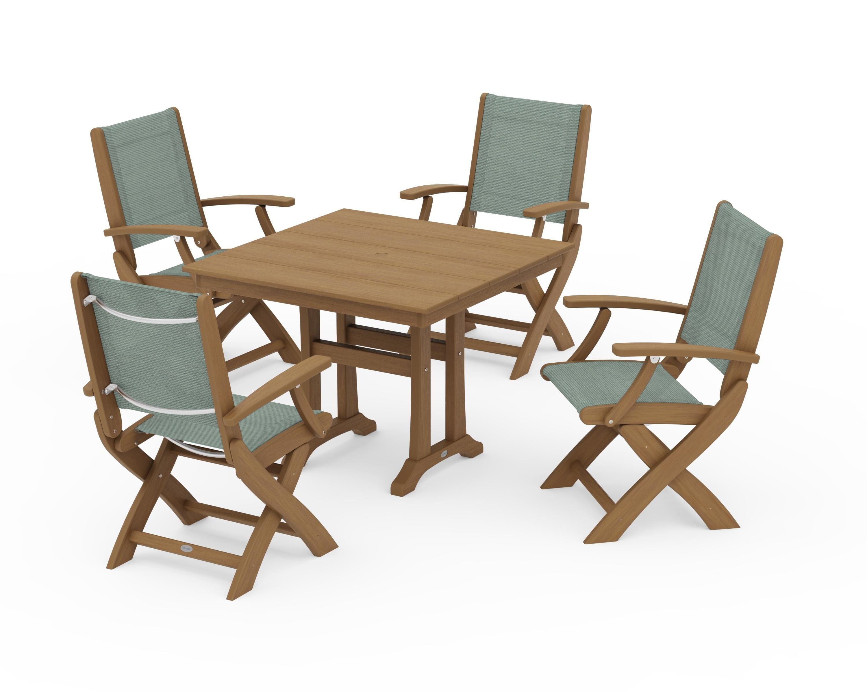 POLYWOOD Coastal Folding Chair 5-Piece Farmhouse Dining Set With Trestle Legs in Natural / Dupioni Sea Mist Sling