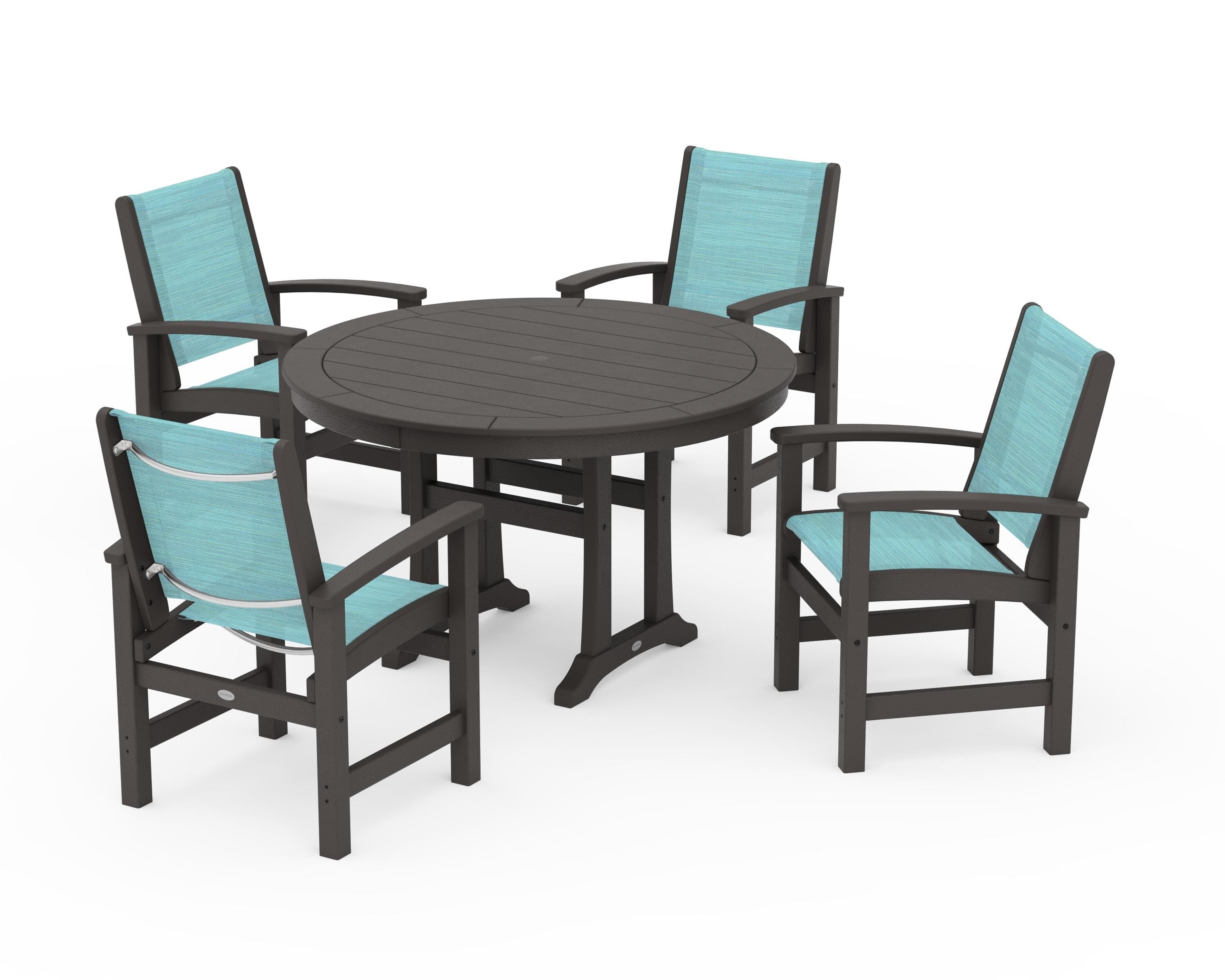 POLYWOOD Coastal 5-Piece Round Dining Set with Trestle Legs in Vintage Coffee / Dupioni Aquamarine Sling
