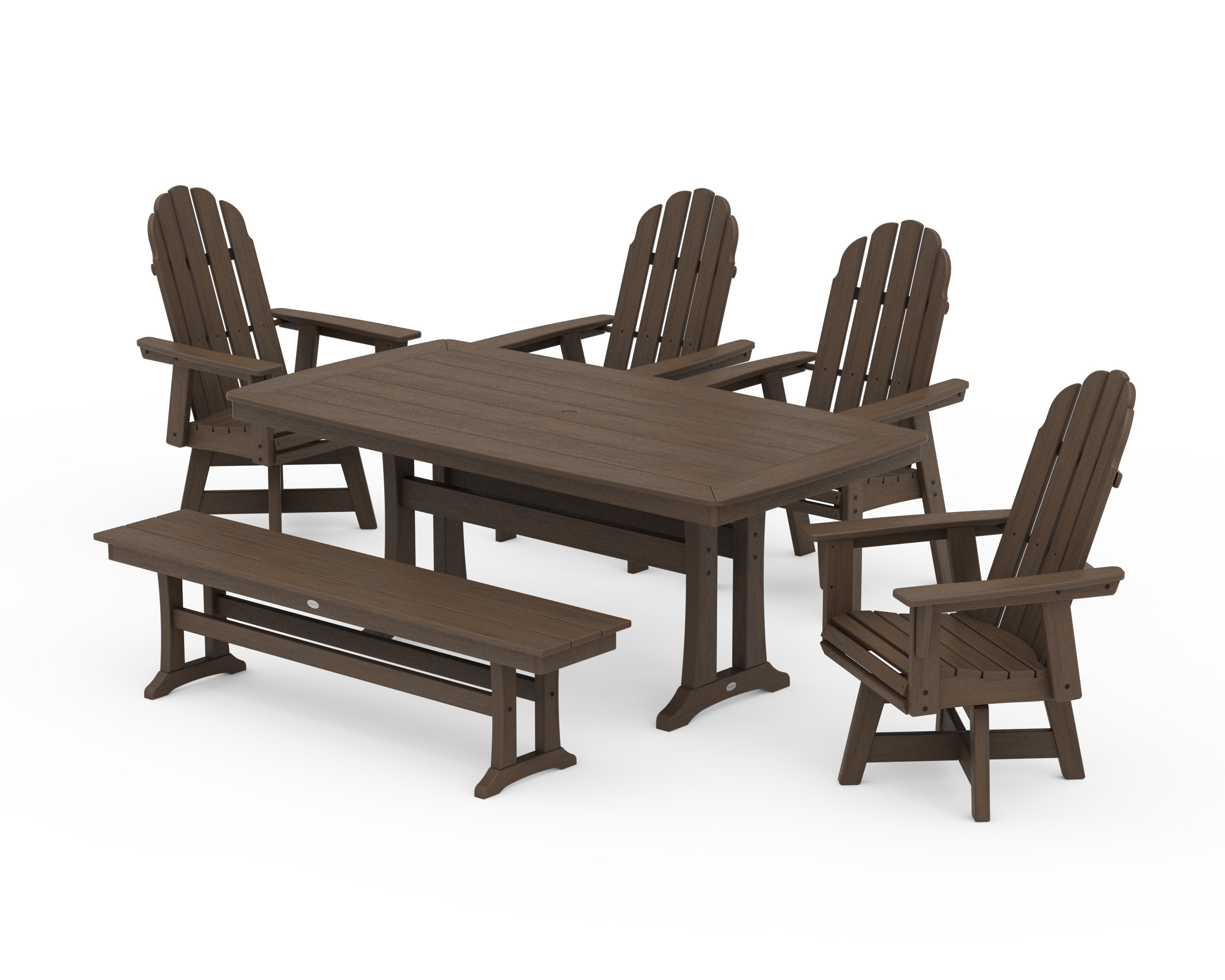 POLYWOOD Vineyard Curveback Adirondack Swivel Chair 6-Piece Dining Set with Trestle Legs and Bench in Kona