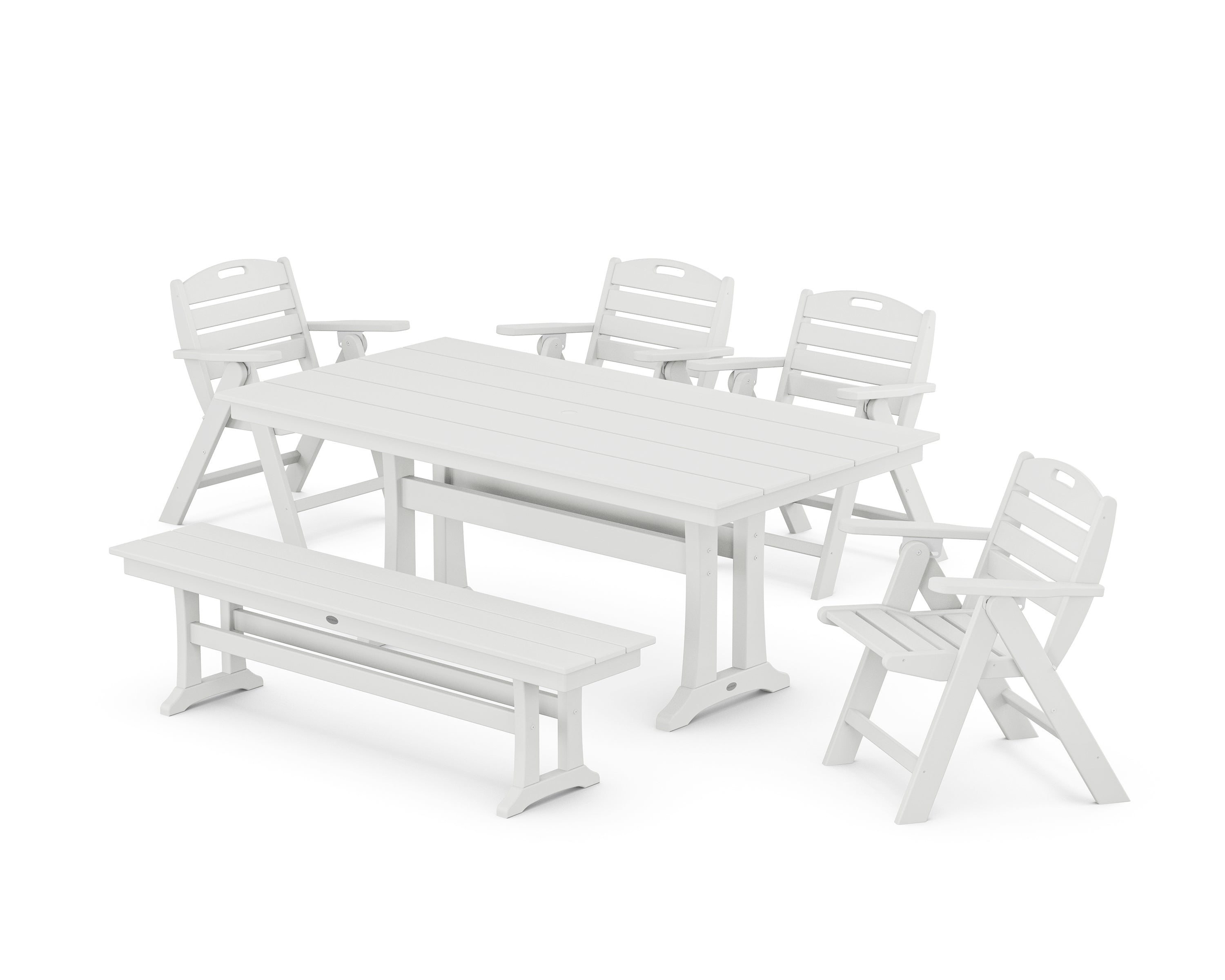 POLYWOOD Nautical Lowback 6-Piece Farmhouse Dining Set with Trestle Legs and Bench in White