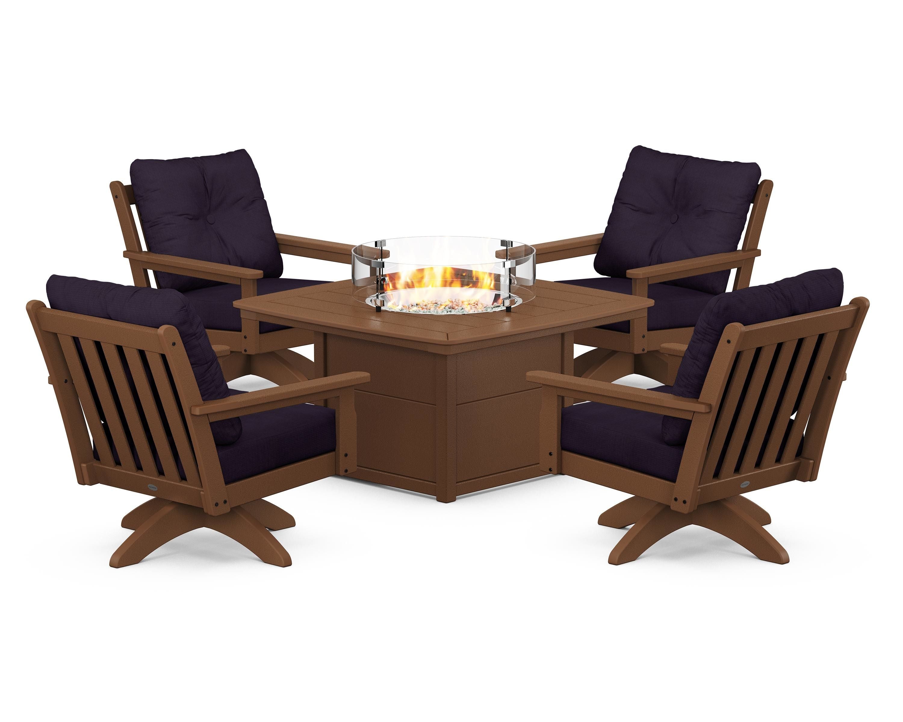 POLYWOOD Vineyard 5-Piece Deep Seating Swivel Conversation Set with Fire Pit Table in Teak / Navy Linen
