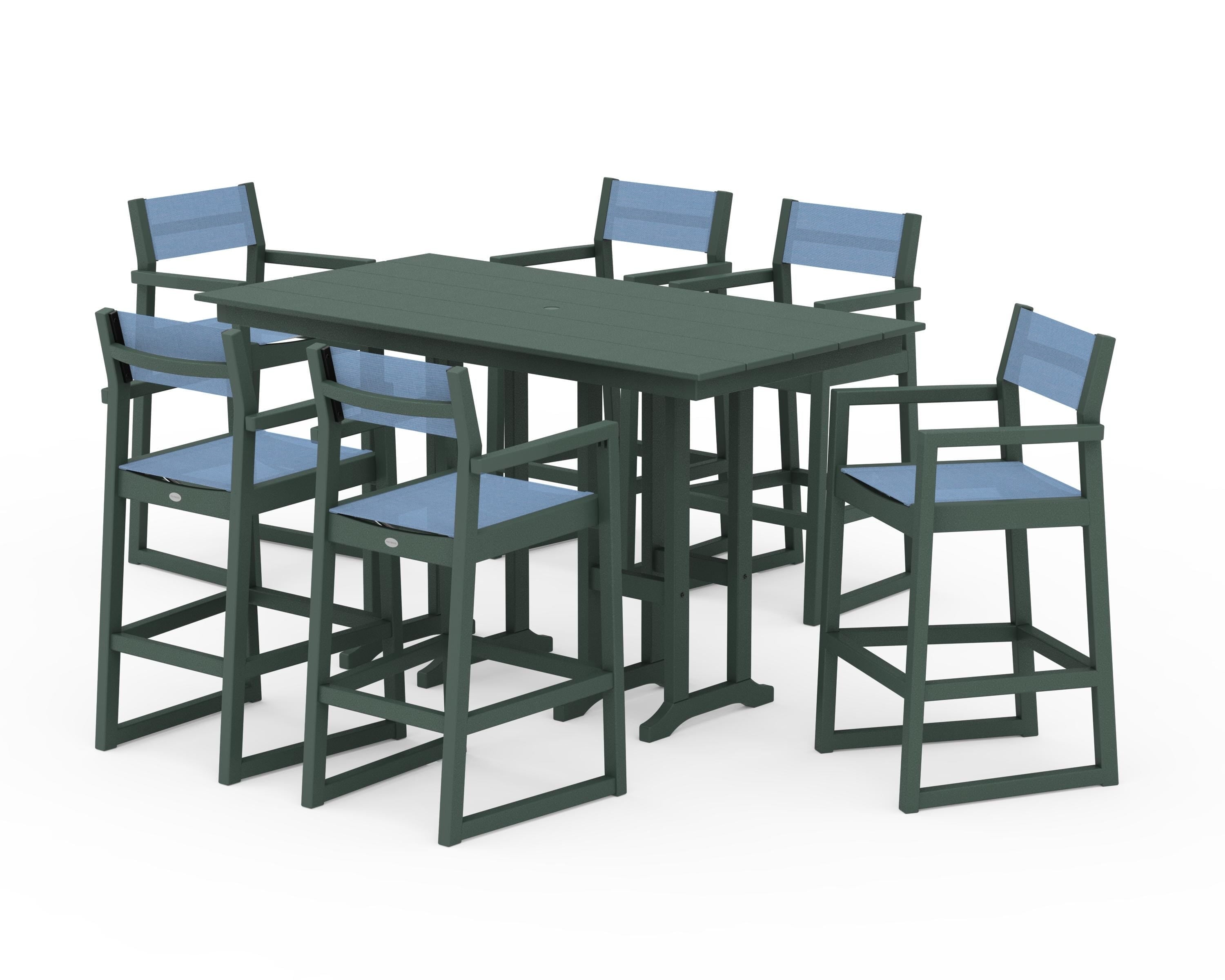 POLYWOOD EDGE Sling Arm Chair 7-Piece Farmhouse Bar Set in Green / Poolside Sling