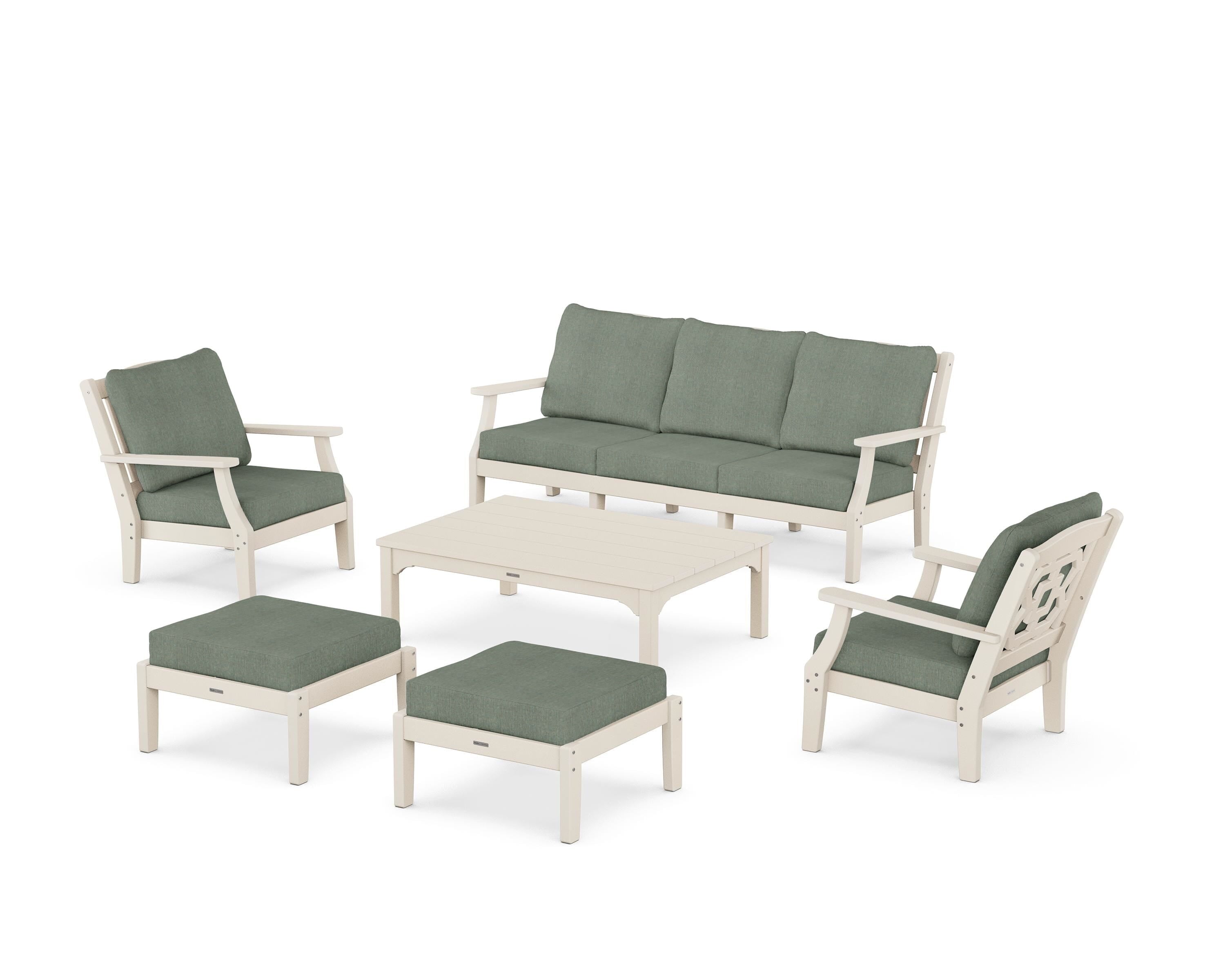 Martha Stewart by POLYWOOD Chinoiserie 6-Piece Lounge Sofa Set in Sand / Cast Sage