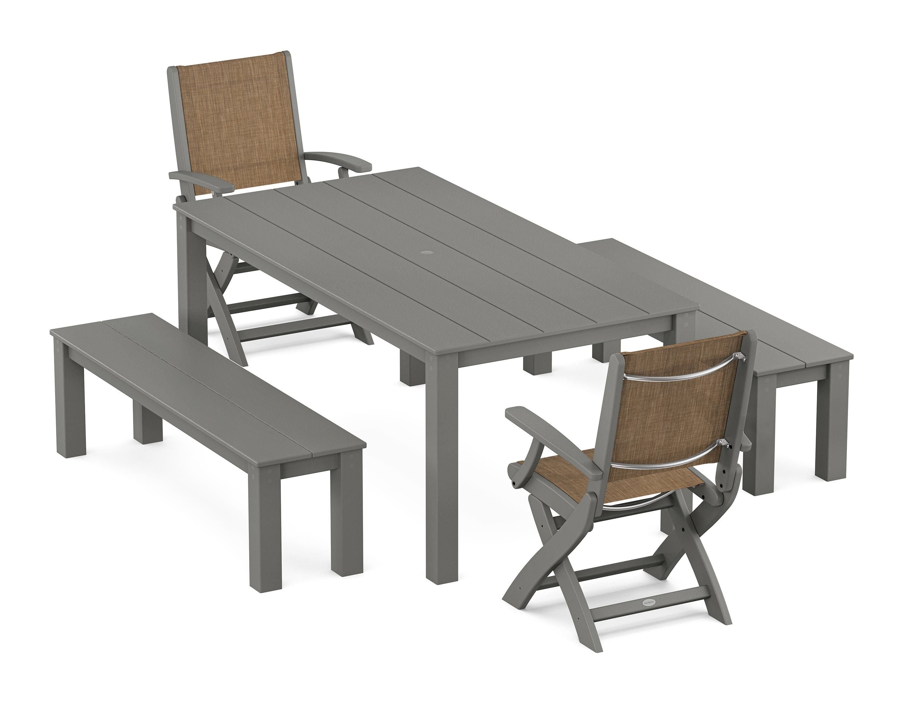 POLYWOOD Coastal Folding Chair 5-Piece Parsons Dining Set with Benches in Slate Grey / Burlap Sling