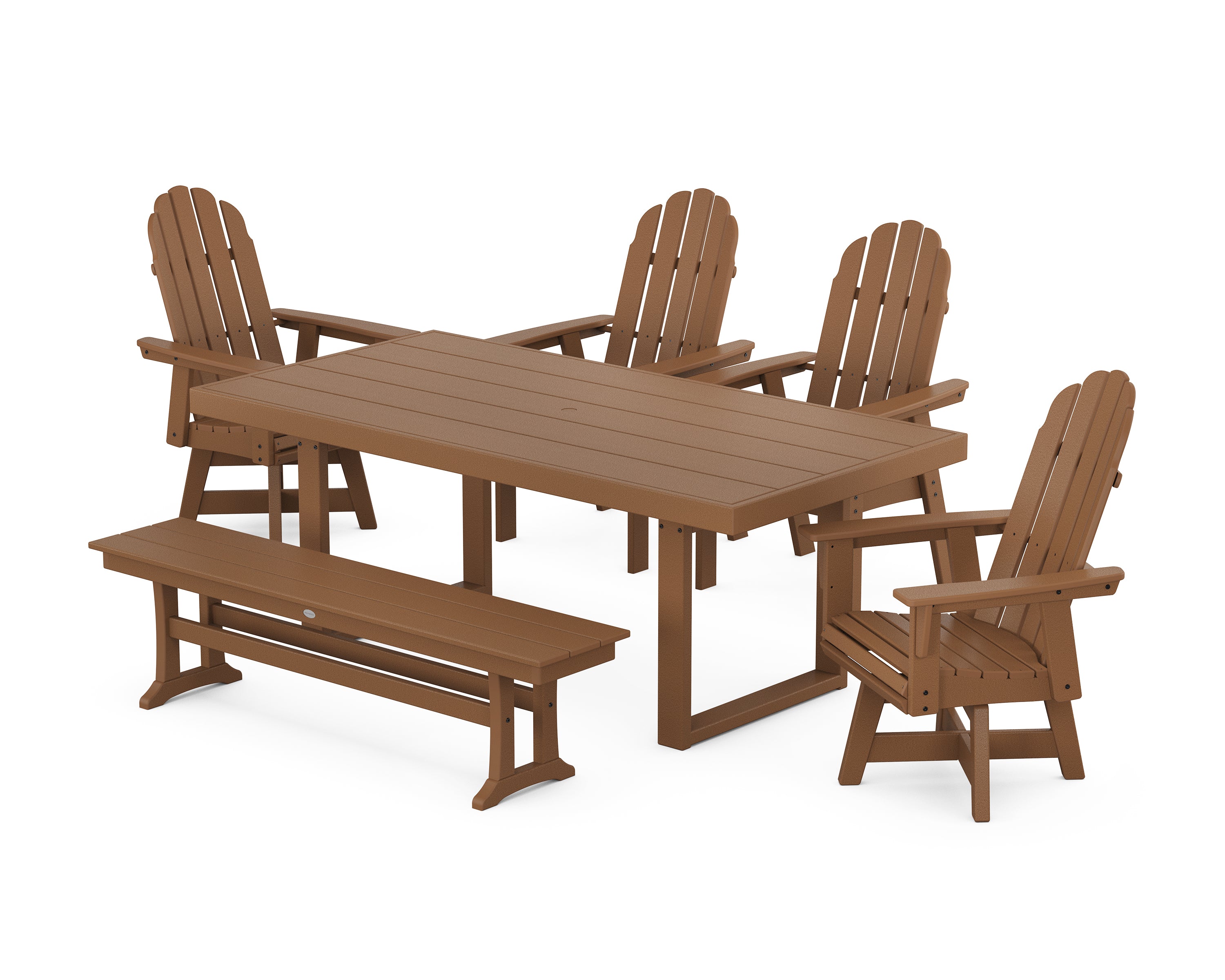 POLYWOOD® Vineyard Curveback Adirondack Swivel Chair 6-Piece Dining Set with Bench in Teak