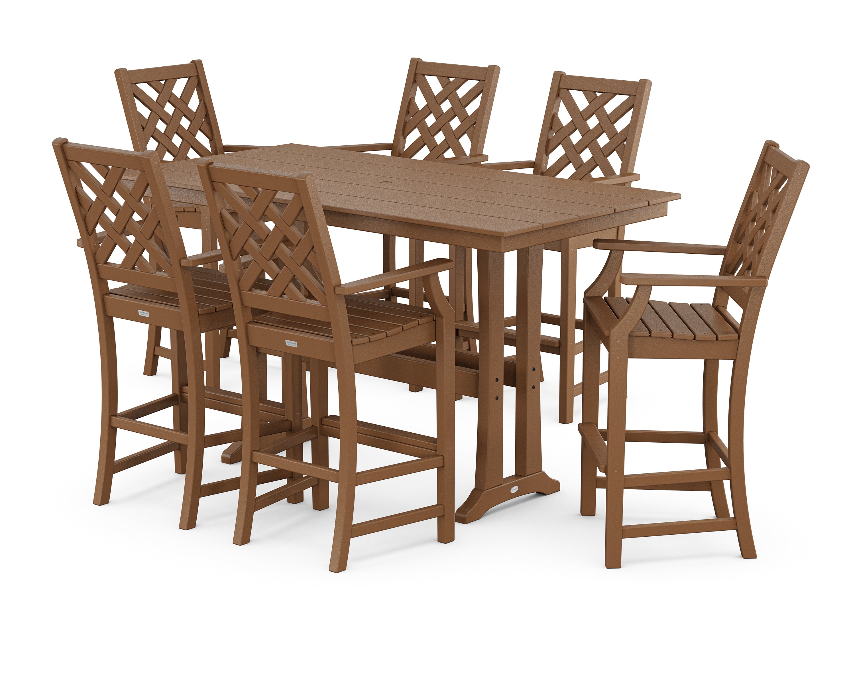 Country Living Wovendale Arm Chair 7-Piece Farmhouse Bar Set with Trestle Legs in Teak