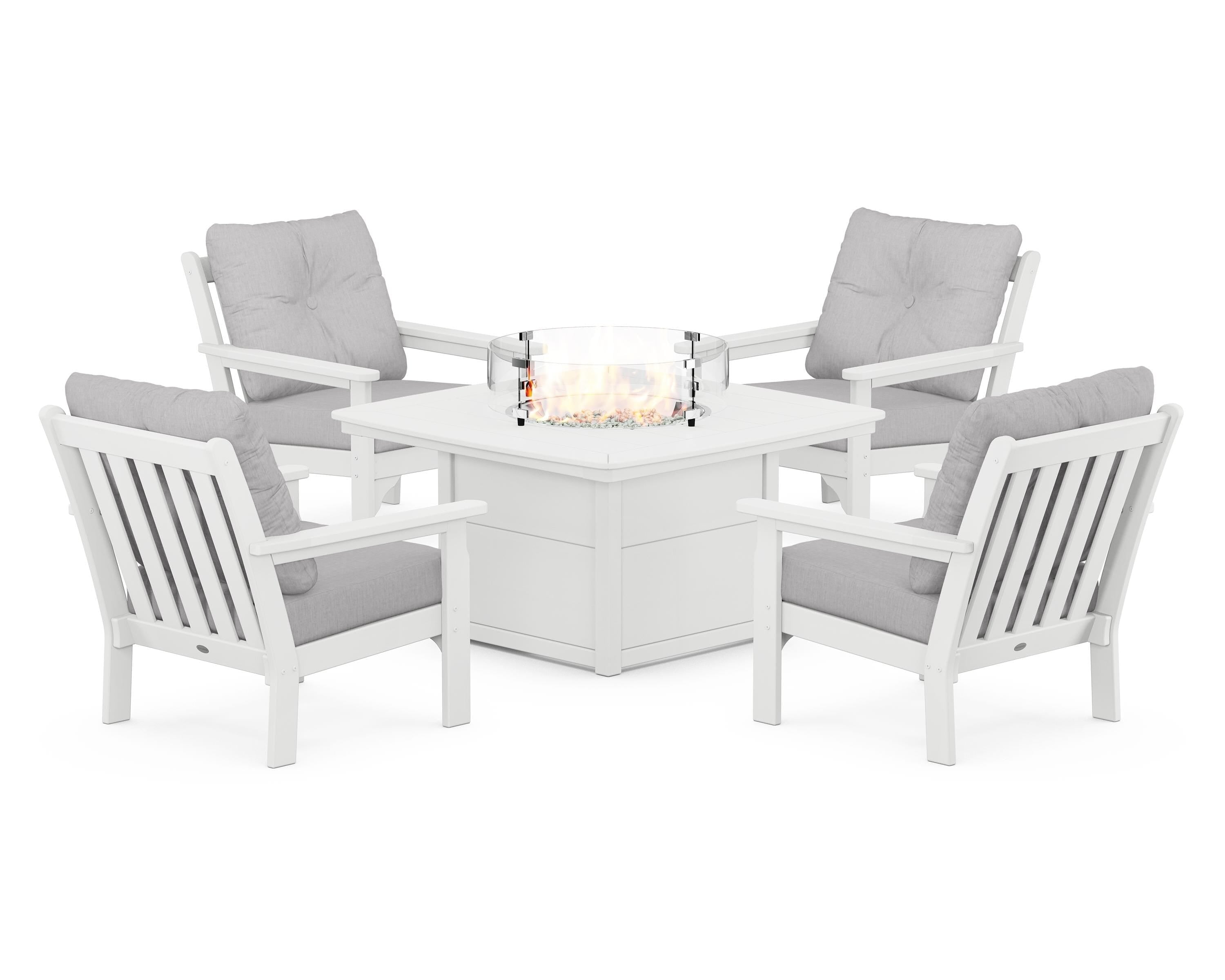 POLYWOOD Vineyard 5-Piece Conversation Set with Fire Pit Table in White / Granite