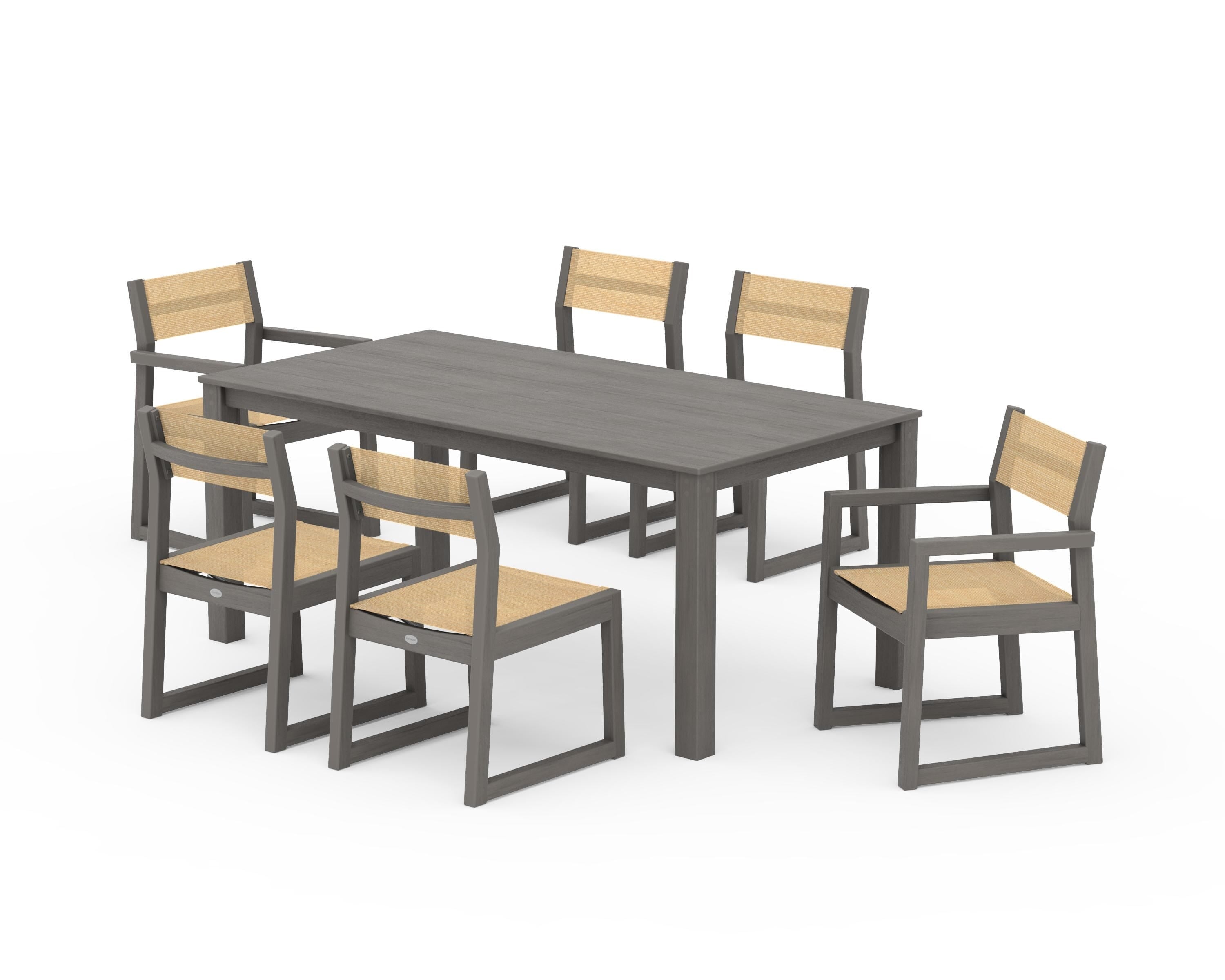POLYWOOD EDGE Sling 7-Piece Parsons Dining Set in Driftwood / Dupioni Apricot Sling