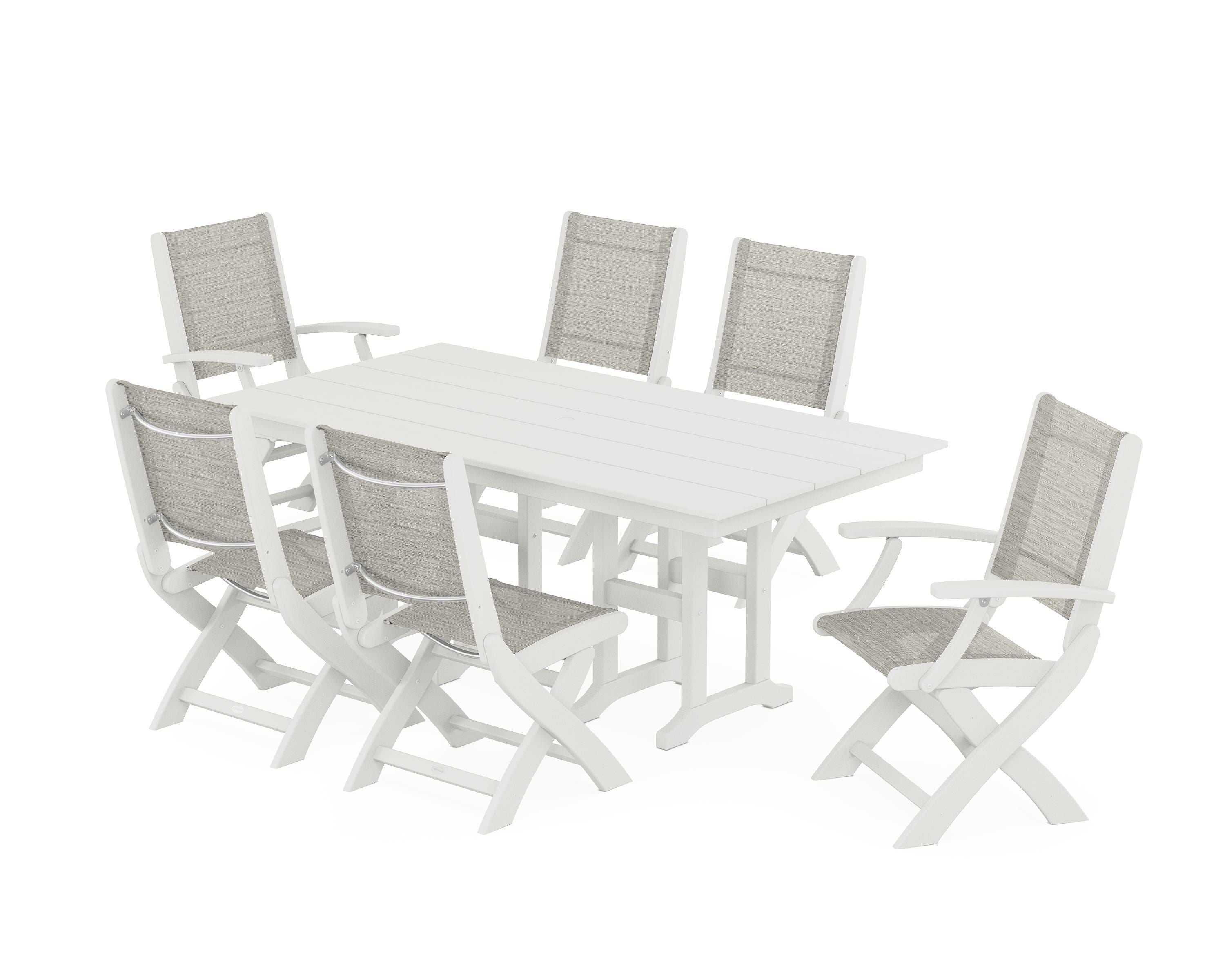 POLYWOOD Coastal Folding Chair 7-Piece Farmhouse Dining Set in Vintage White / Birch Sling