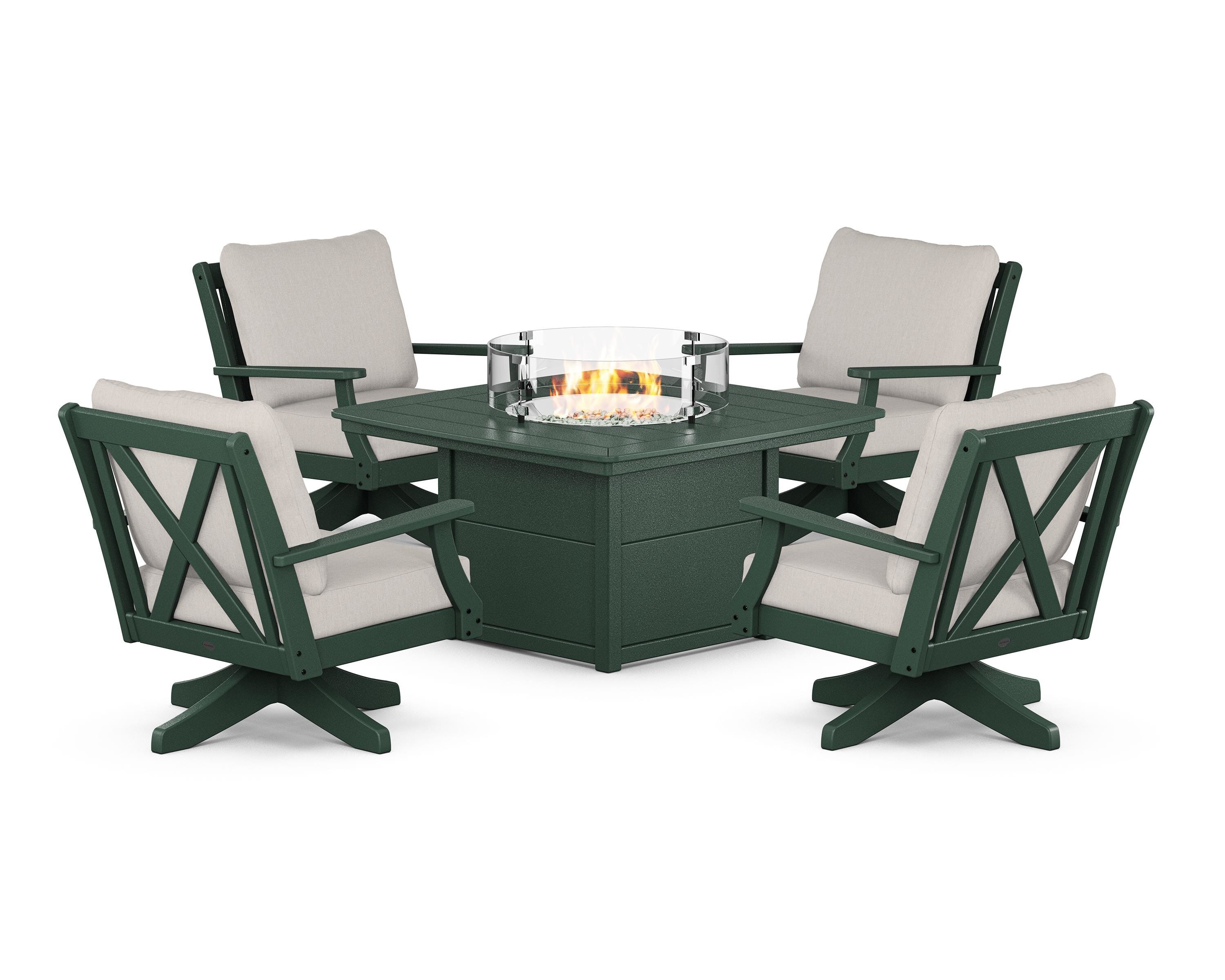 POLYWOOD Braxton 5-Piece Deep Seating Swivel Conversation Set with Fire Pit Table in Green / Cast Ash
