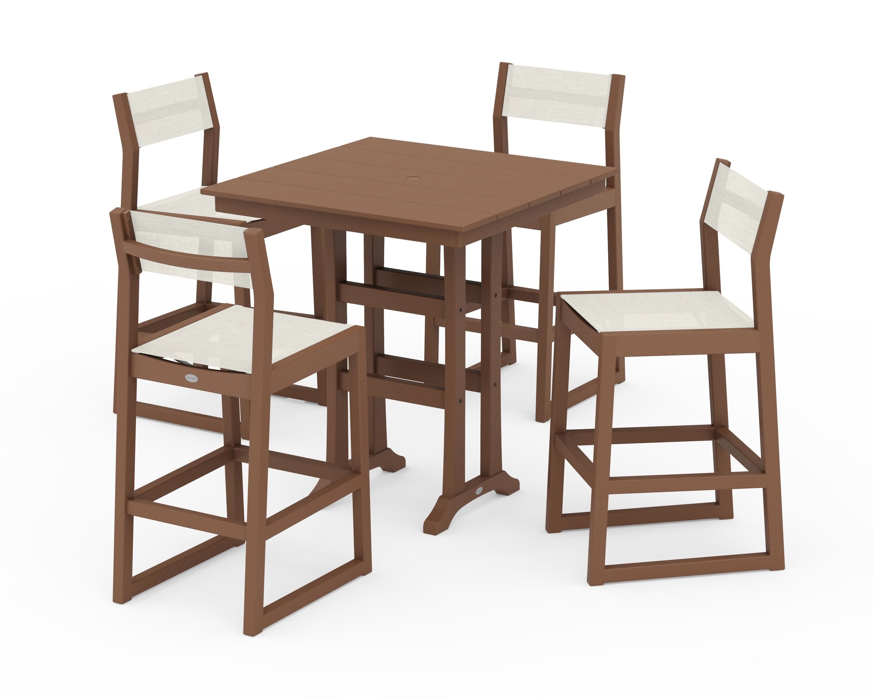 POLYWOOD EDGE Sling Arm Chair 5-Piece Farmhouse Bar Set with Trestle Legs in Teak / Parchment Sling