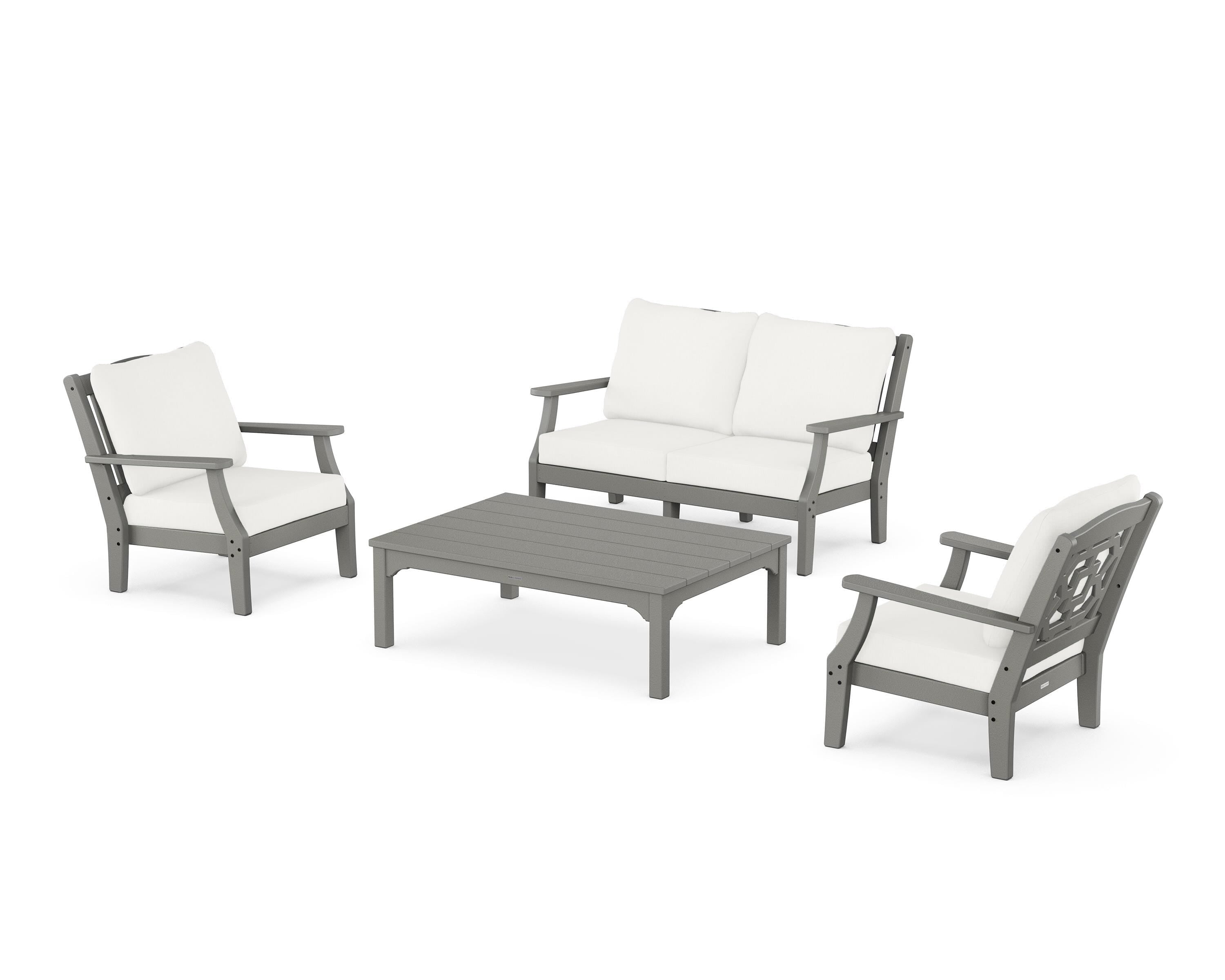 Martha Stewart by POLYWOOD Chinoiserie 4-Piece Deep Seating Set with Loveseat in Slate Grey / Natural Linen
