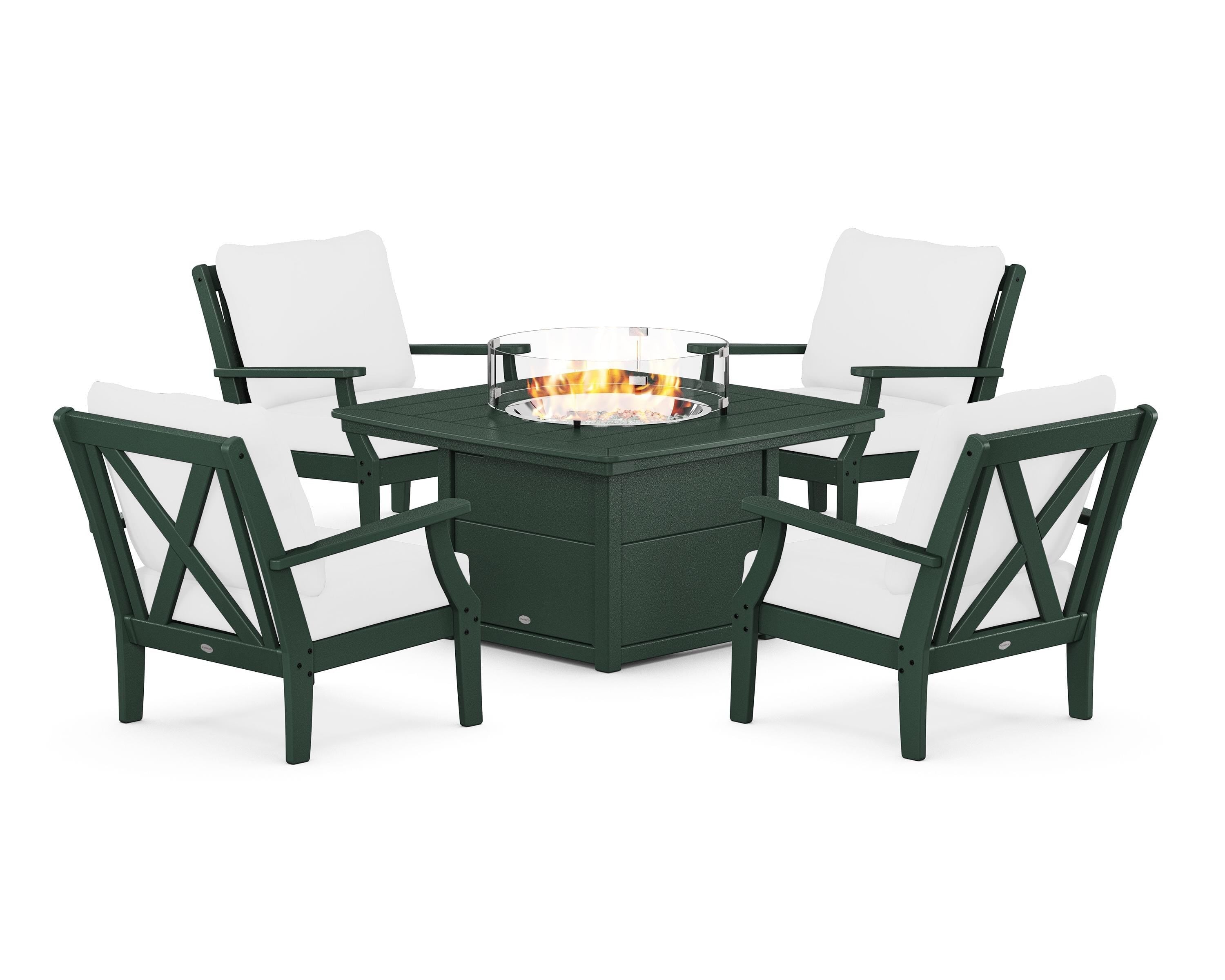 POLYWOOD Braxton 5-Piece Deep Seating Conversation Set with Fire Pit Table in Green / Natural