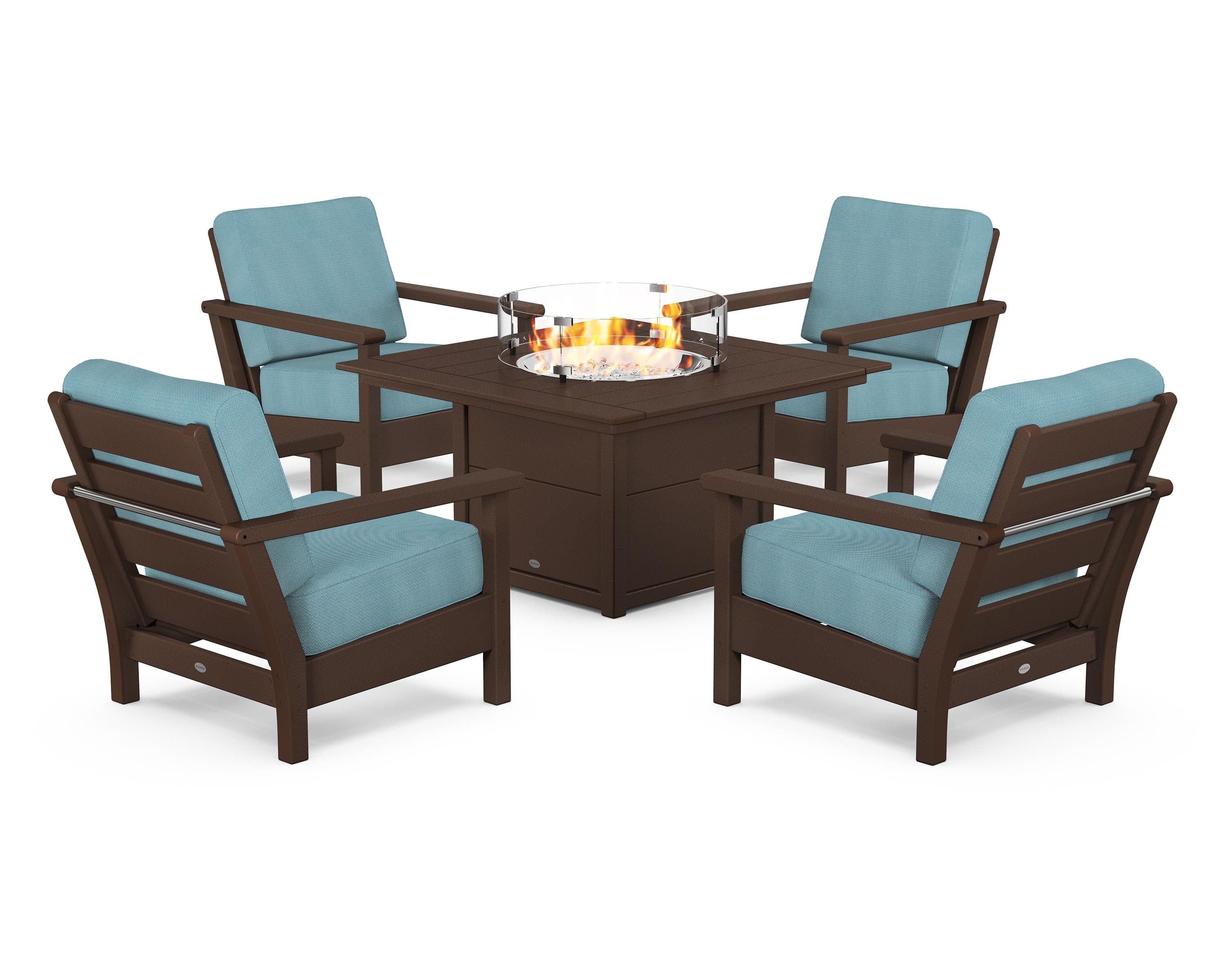 POLYWOOD Harbour 5-Piece Conversation Set with Fire Pit Table in Mahogany / Lattice Sky Blue