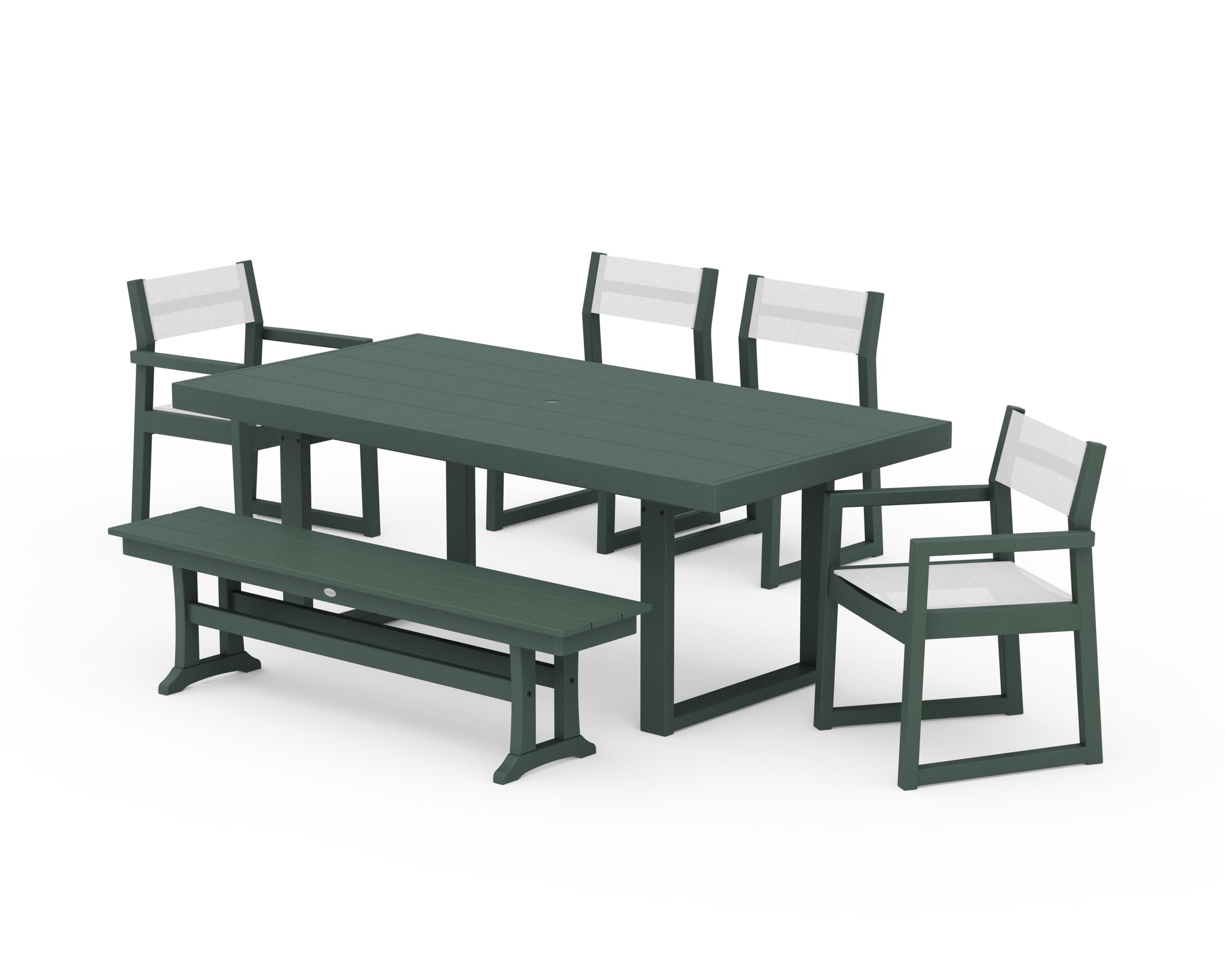 POLYWOOD EDGE Sling 6-Piece Dining Set with Bench in Green / White Sling