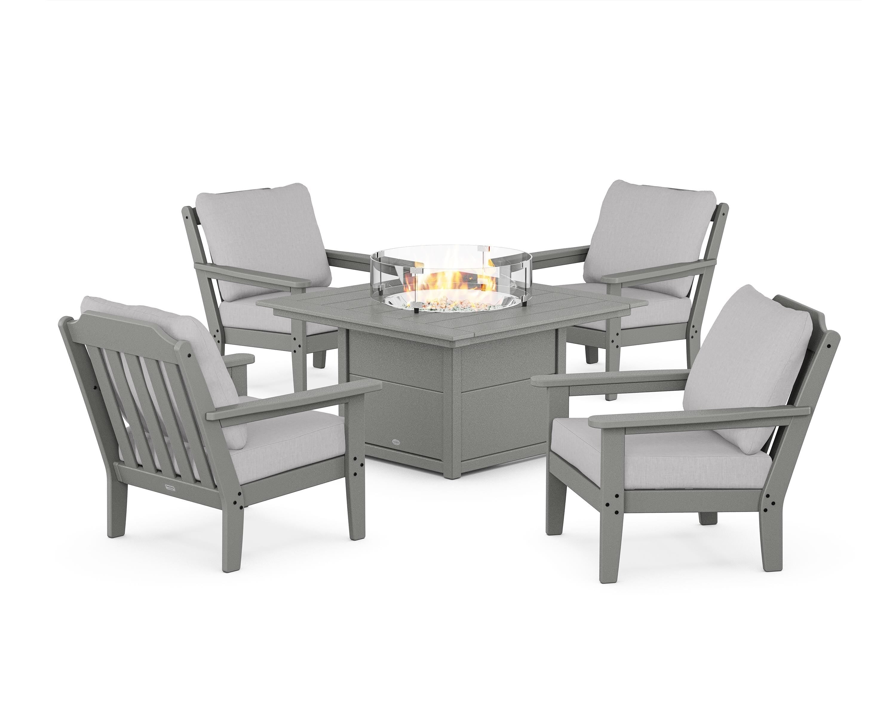 Country Living Cottage 5-Piece Deep Seating Set with Fire Pit Table in Slate Grey / Granite