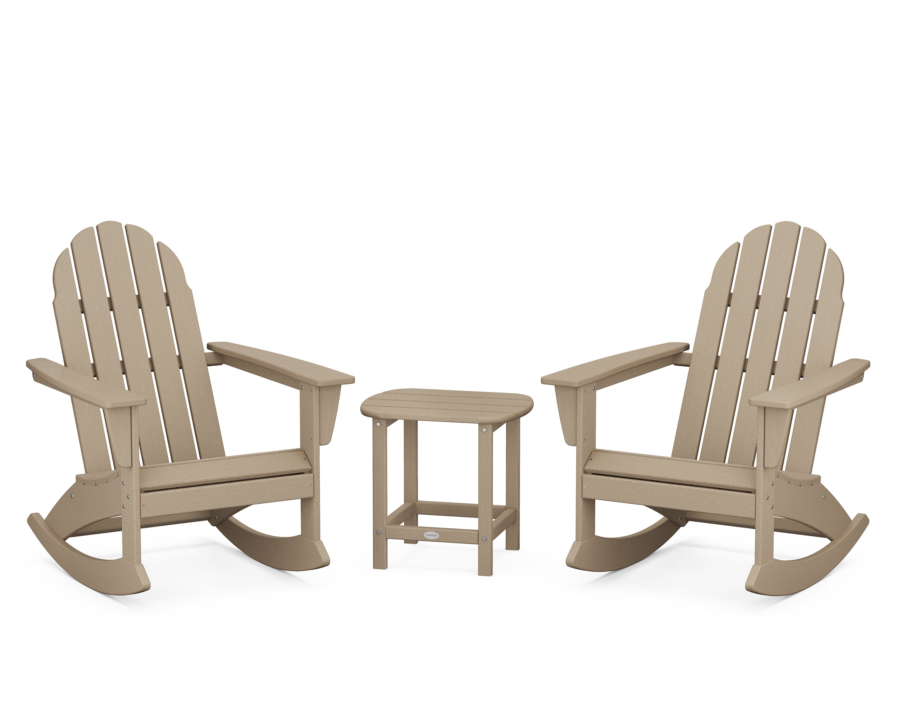 POLYWOOD® Vineyard 3-Piece Adirondack Rocking Chair Set with South Beach 18" Side Table in Vintage Sahara