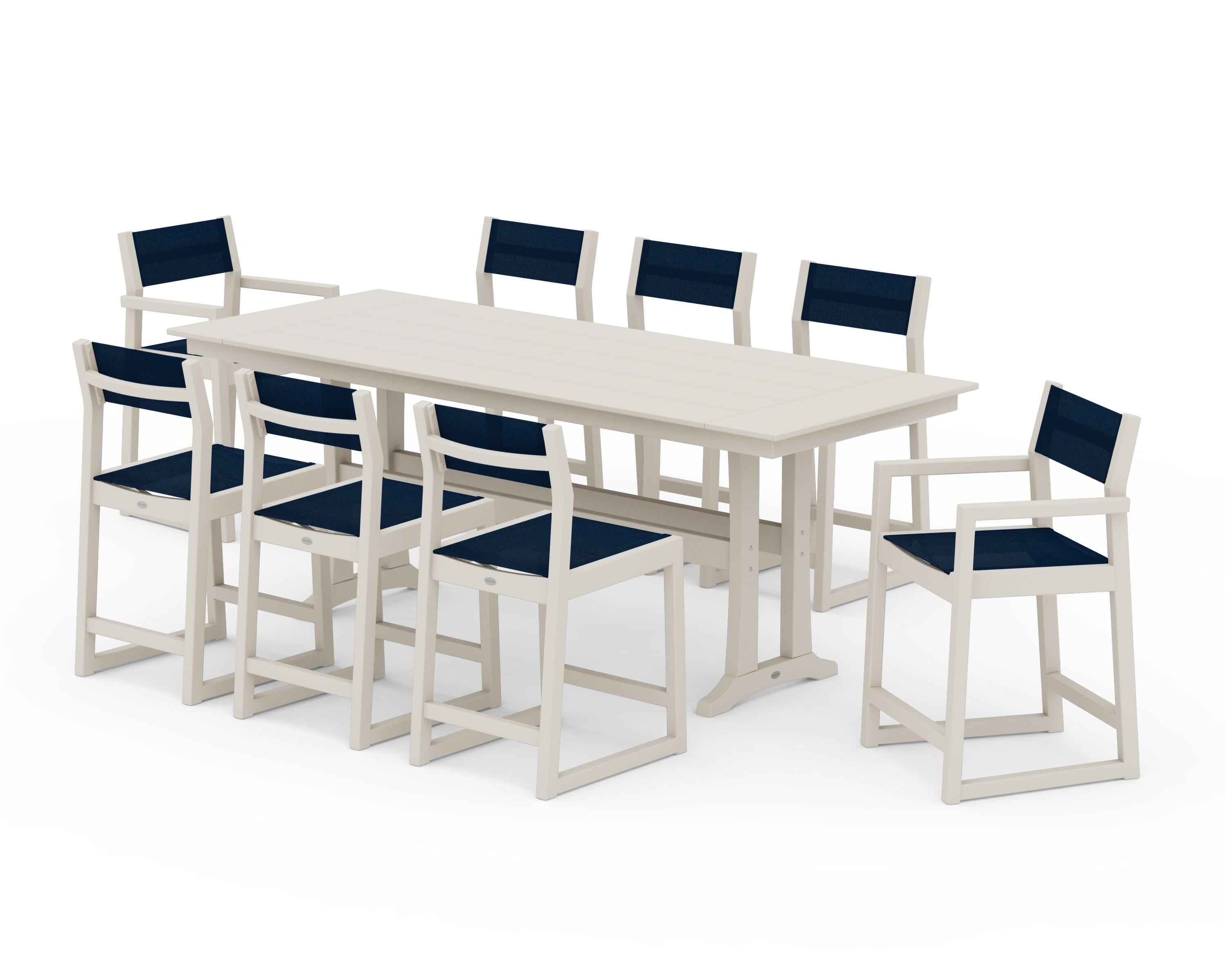 POLYWOOD EDGE Sling 9-Piece Farmhouse Counter Set with Trestle Legs in Sand / Navy Blue Sling