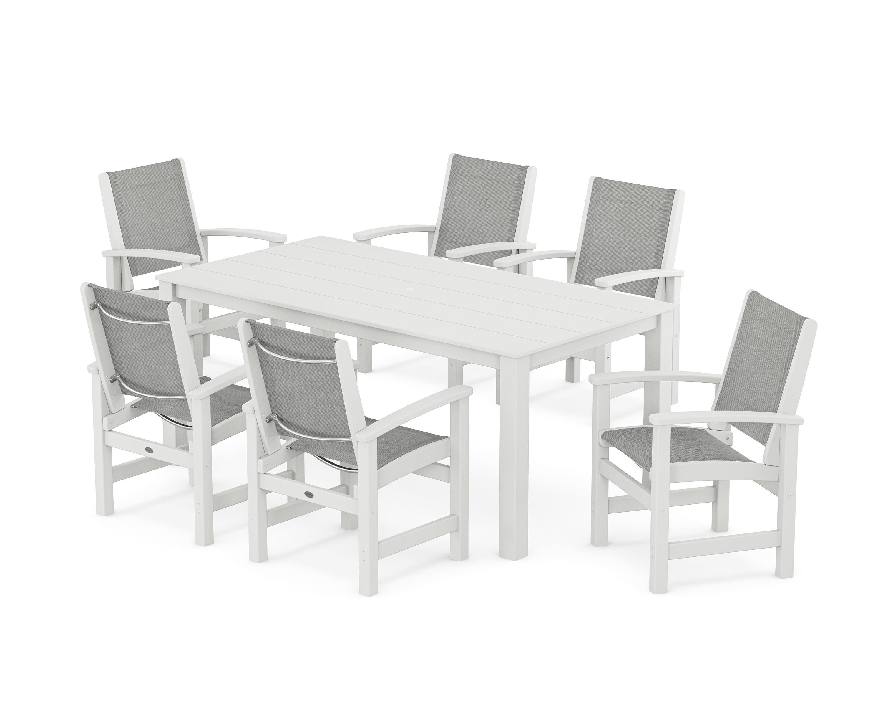 POLYWOOD Coastal 7-Piece Parsons Dining Set in White / Metallic Sling
