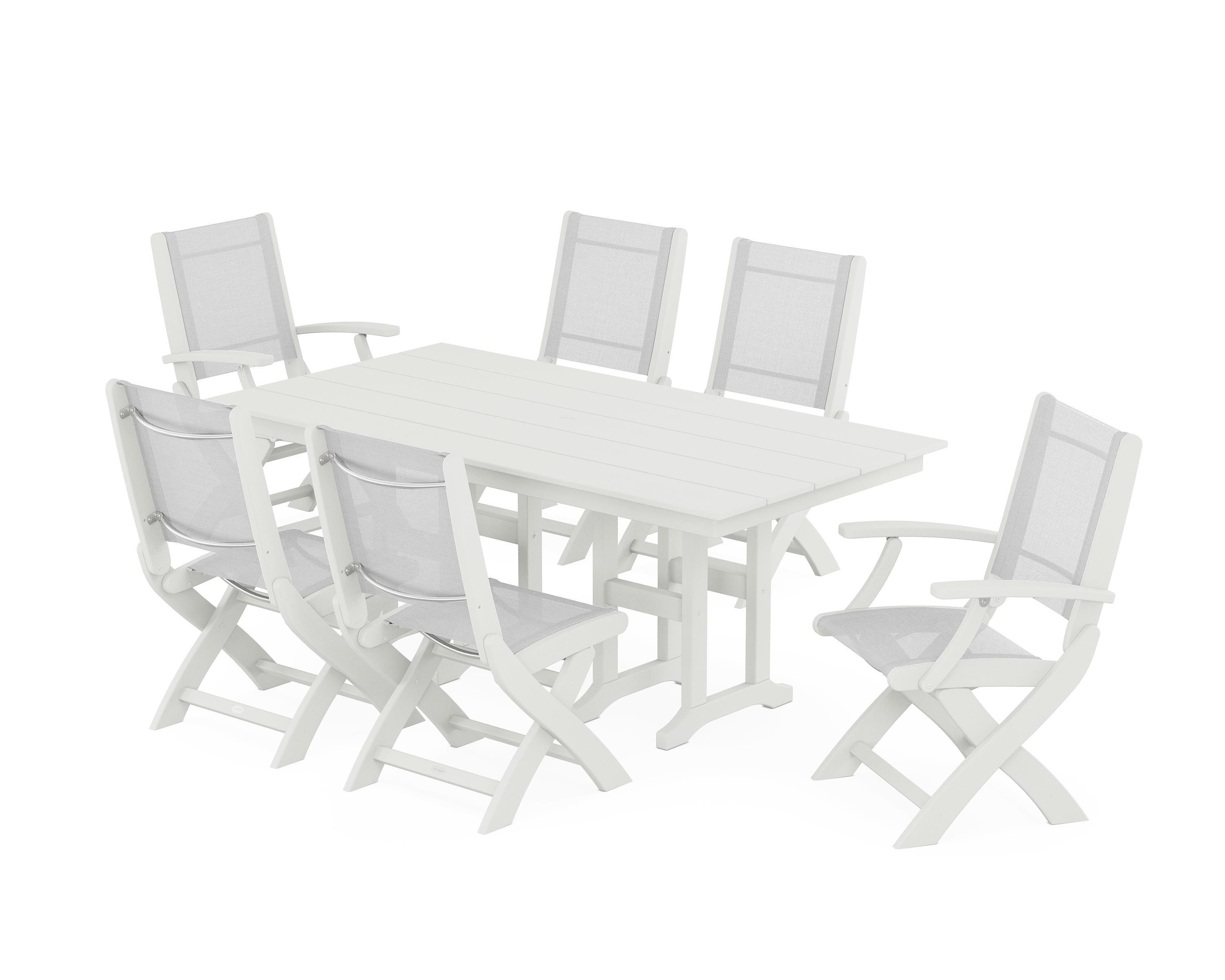 POLYWOOD Coastal Folding Chair 7-Piece Farmhouse Dining Set in Vintage White / White Sling