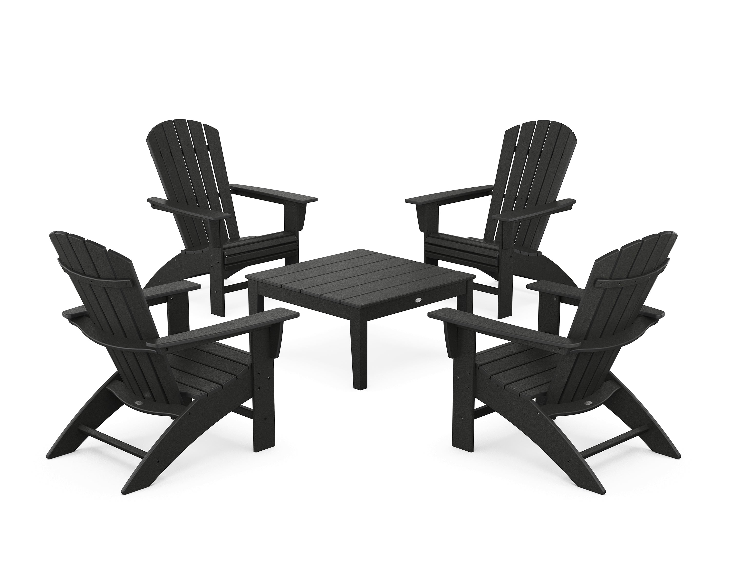 POLYWOOD® 5-Piece Nautical Curveback Adirondack Chair Conversation Set with 36" Conversation Table in Black