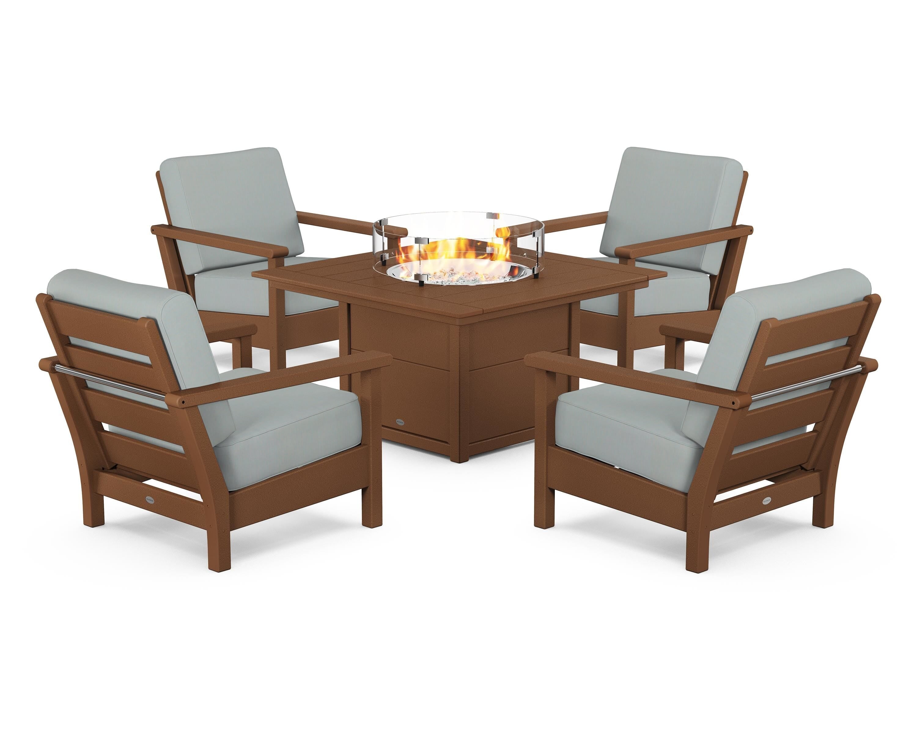 POLYWOOD Harbour 5-Piece Conversation Set with Fire Pit Table in Teak / Spa