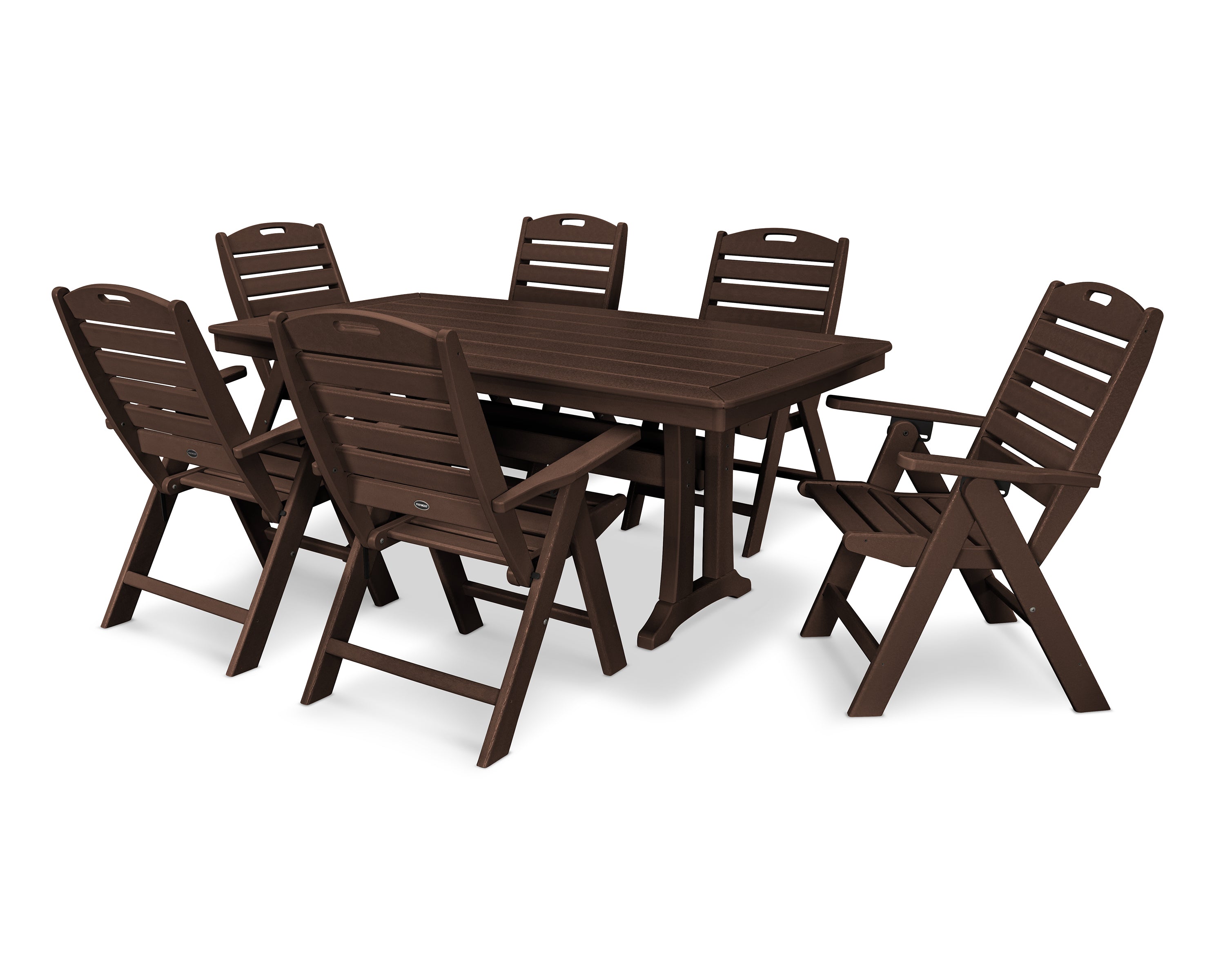 POLYWOOD Nautical Folding Highback Chair 7-Piece Dining Set with Trestle Legs in Mahogany