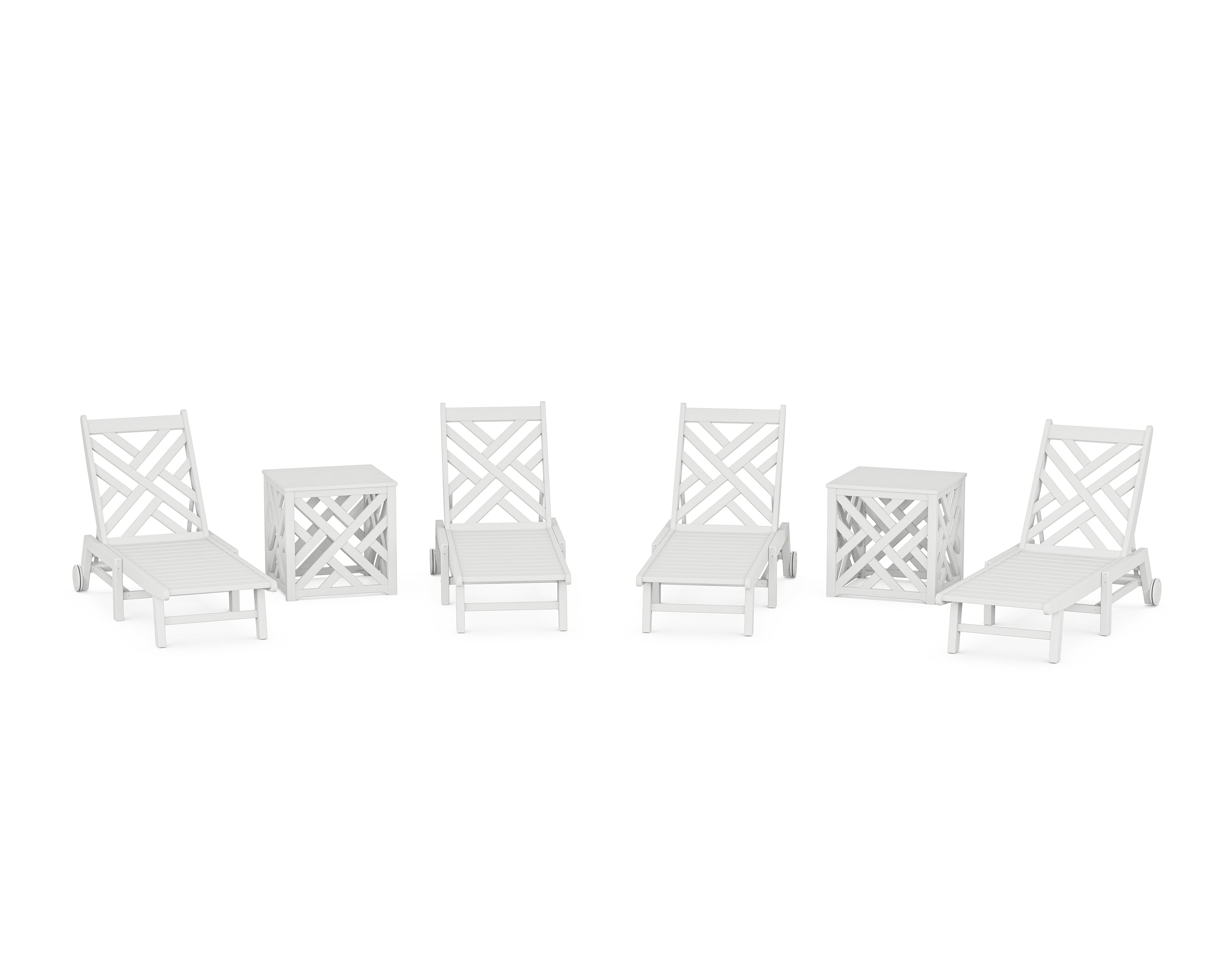 POLYWOOD Chippendale 6-Piece Chaise Set with Wheels and Umbrella Stand Accent Table in White