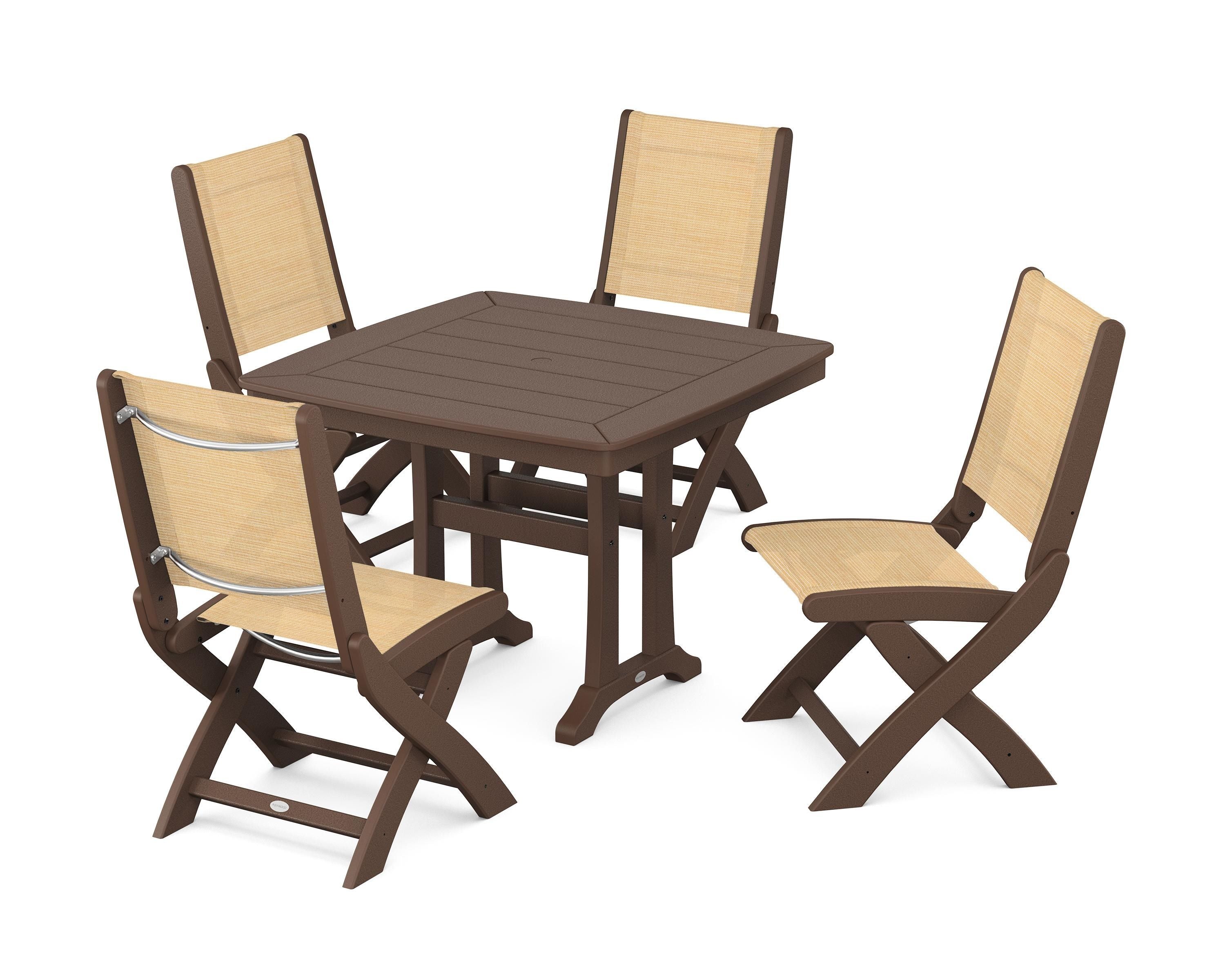 POLYWOOD Coastal Folding Side Chair 5-Piece Dining Set with Trestle Legs in Mahogany / Dupioni Apricot Sling