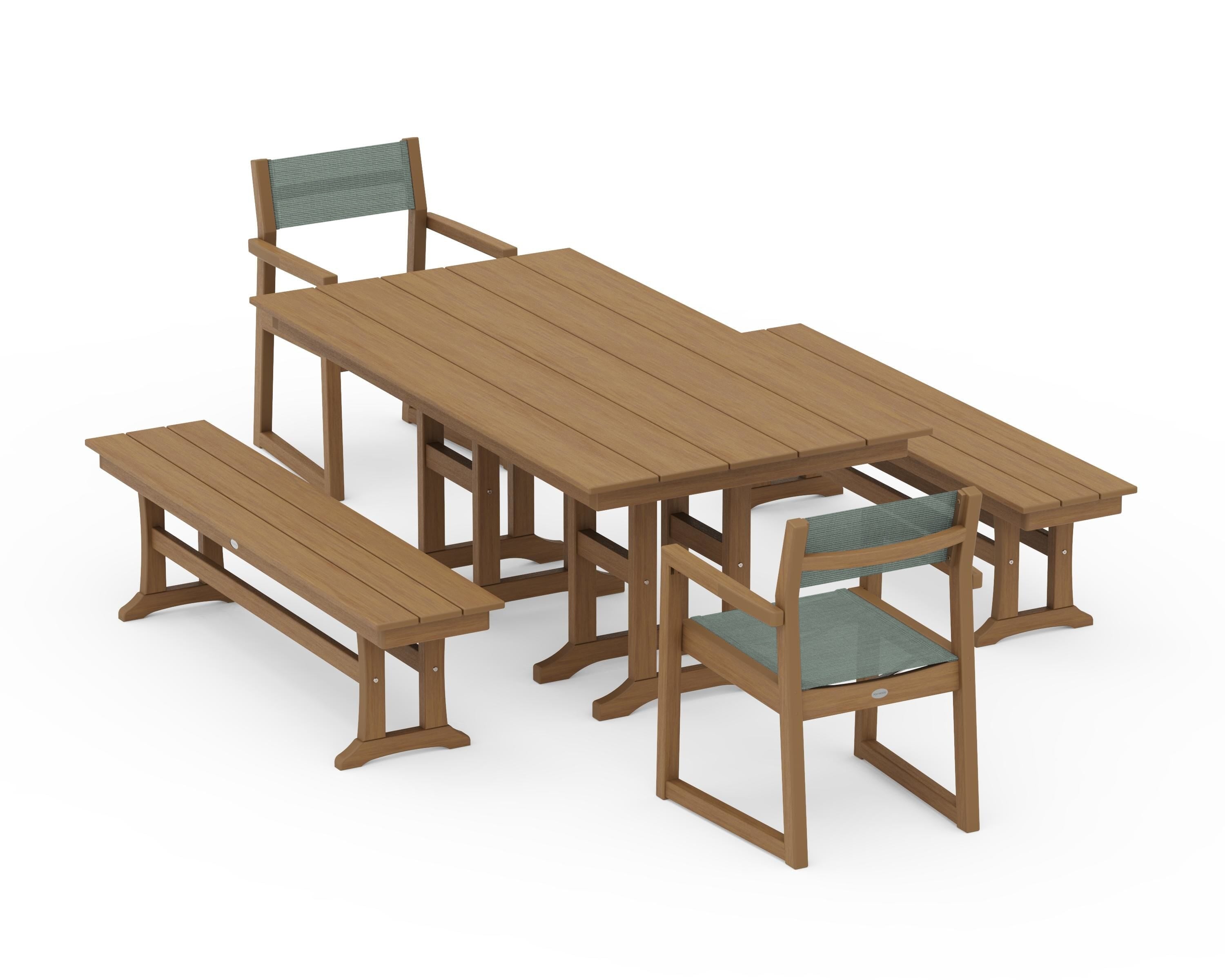 POLYWOOD EDGE Sling Arm Chair 5-Piece Farmhouse Dining Set with Benches in Natural / Dupioni Sea Mist Sling