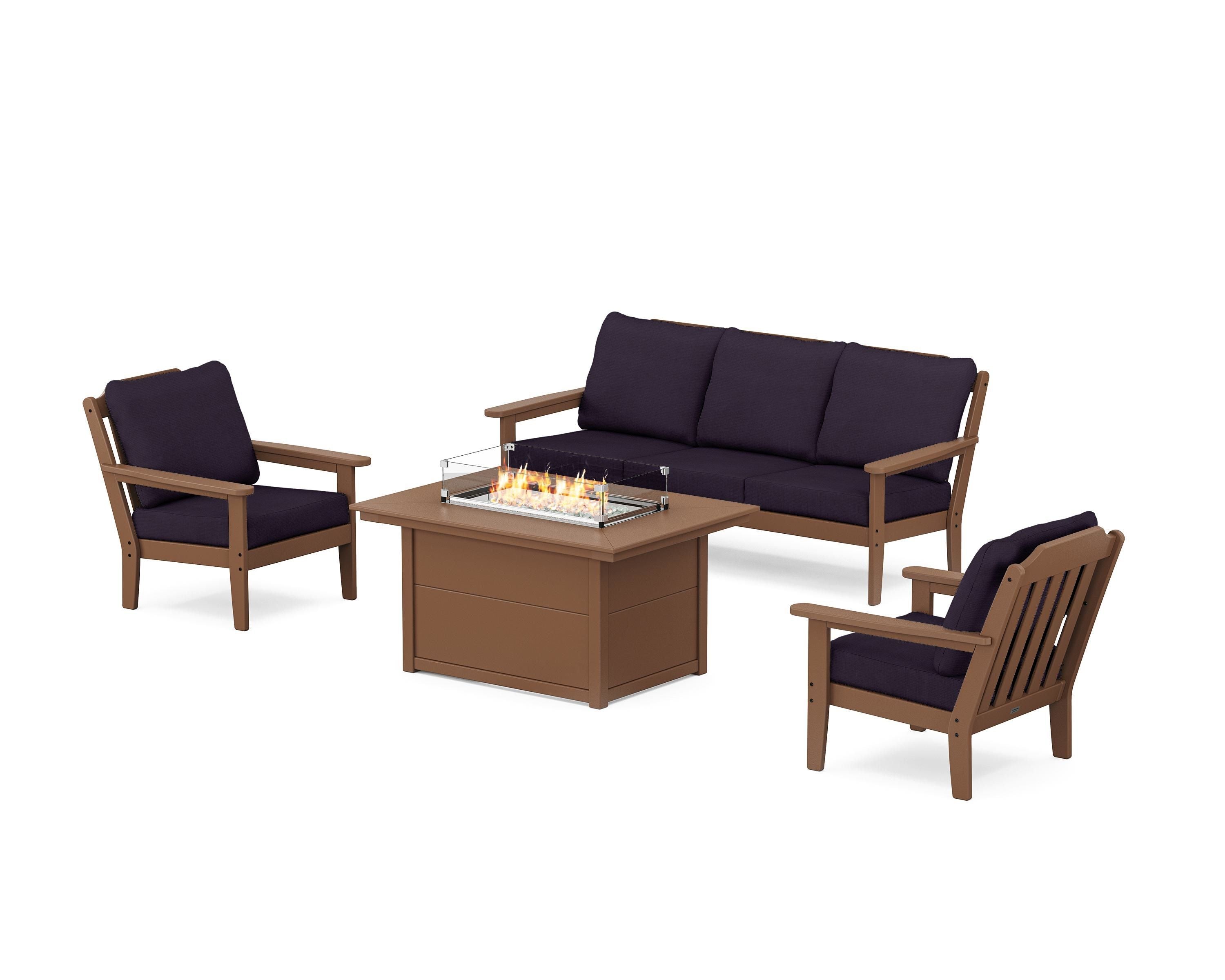 Country Living Cottage Deep Seating Fire Pit Table Set in Teak / Navy Linen