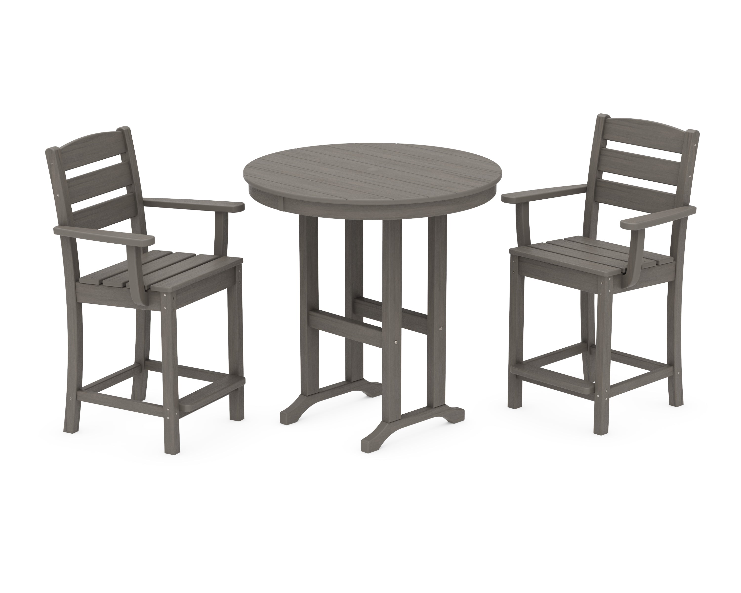 POLYWOOD Lakeside 3-Piece Round Farmhouse Arm Chair Counter  Set in Driftwood