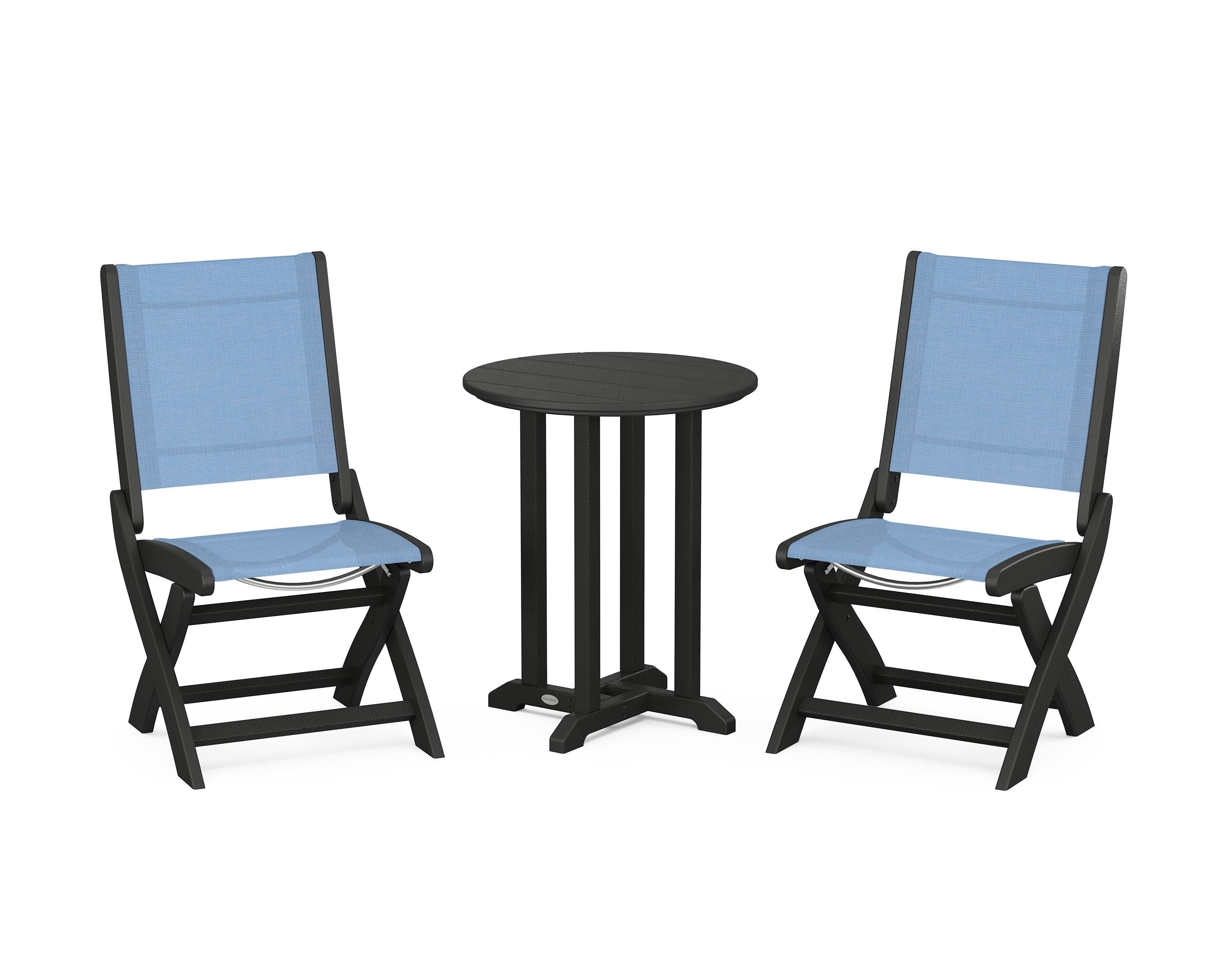 POLYWOOD Coastal Folding Side Chair 3-Piece Round Bistro Dining Set in Black / Poolside Sling