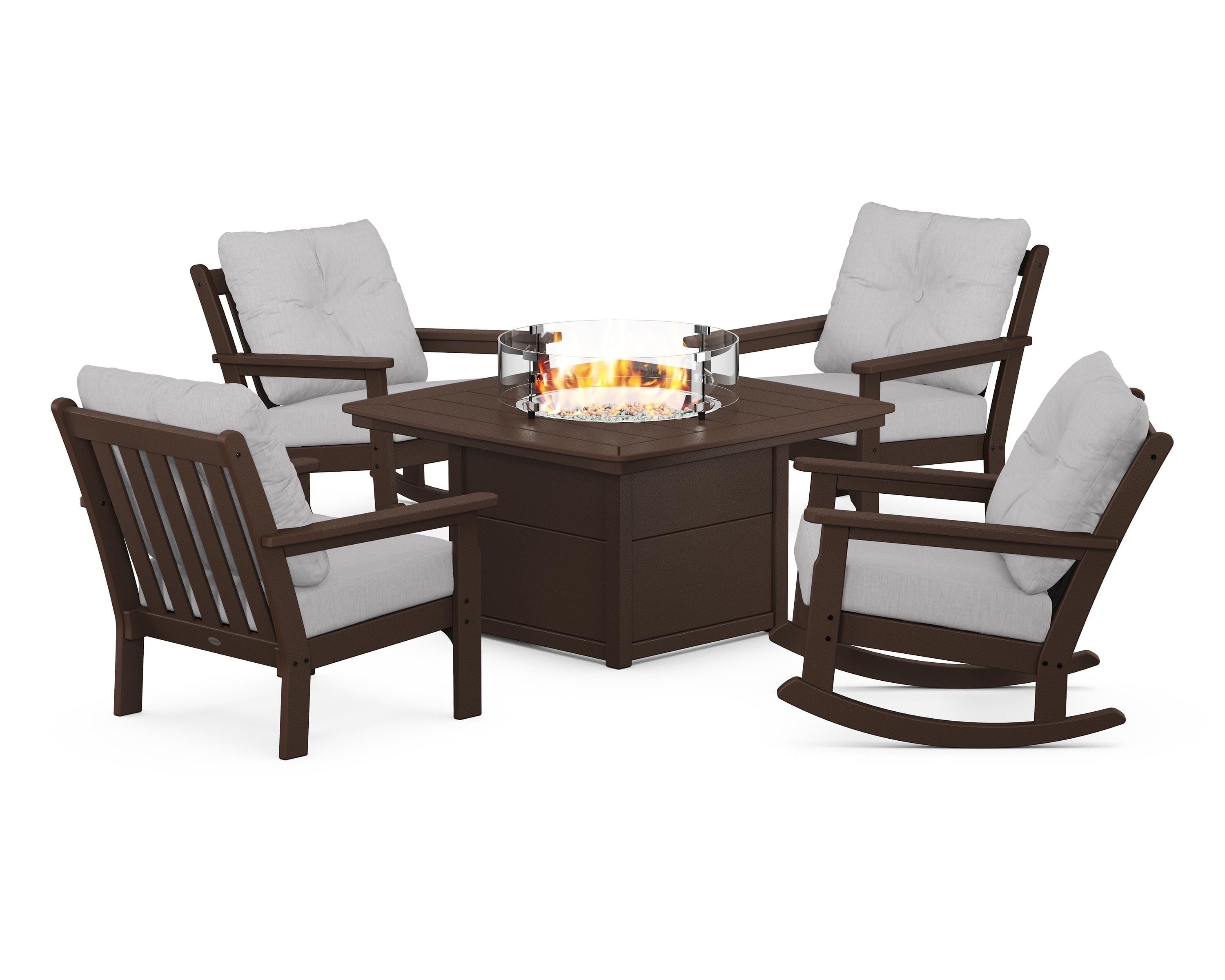 POLYWOOD Vineyard 5-Piece Deep Seating Rocking Chair Conversation Set with Fire Pit Table in Mahogany / Granite