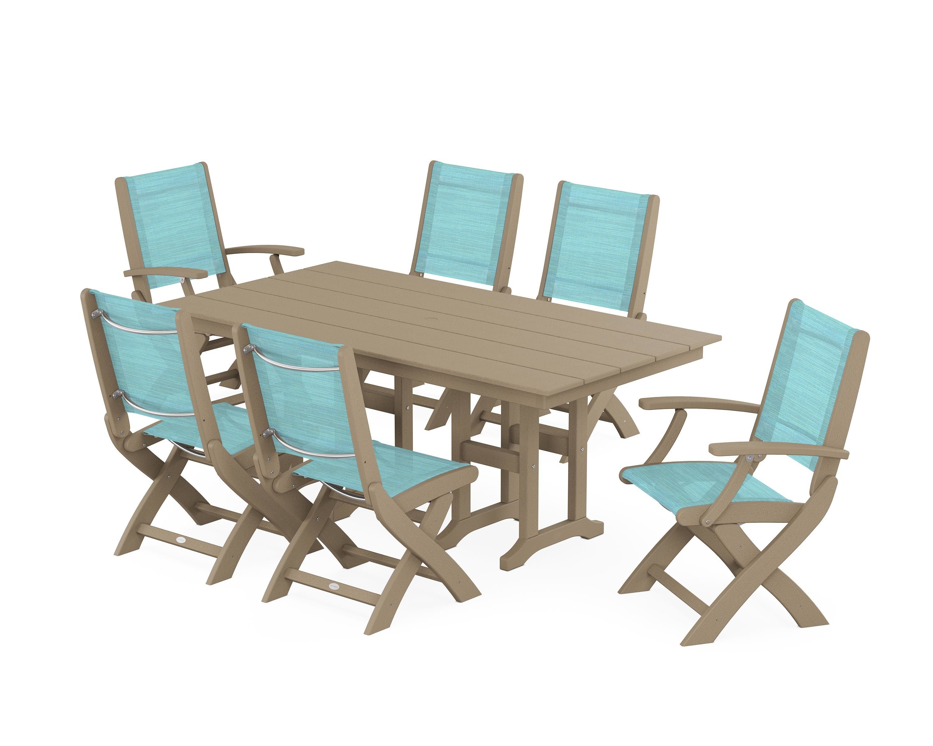 POLYWOOD Coastal Folding Chair 7-Piece Farmhouse Dining Set in Vintage Sahara / Dupioni Aquamarine Sling