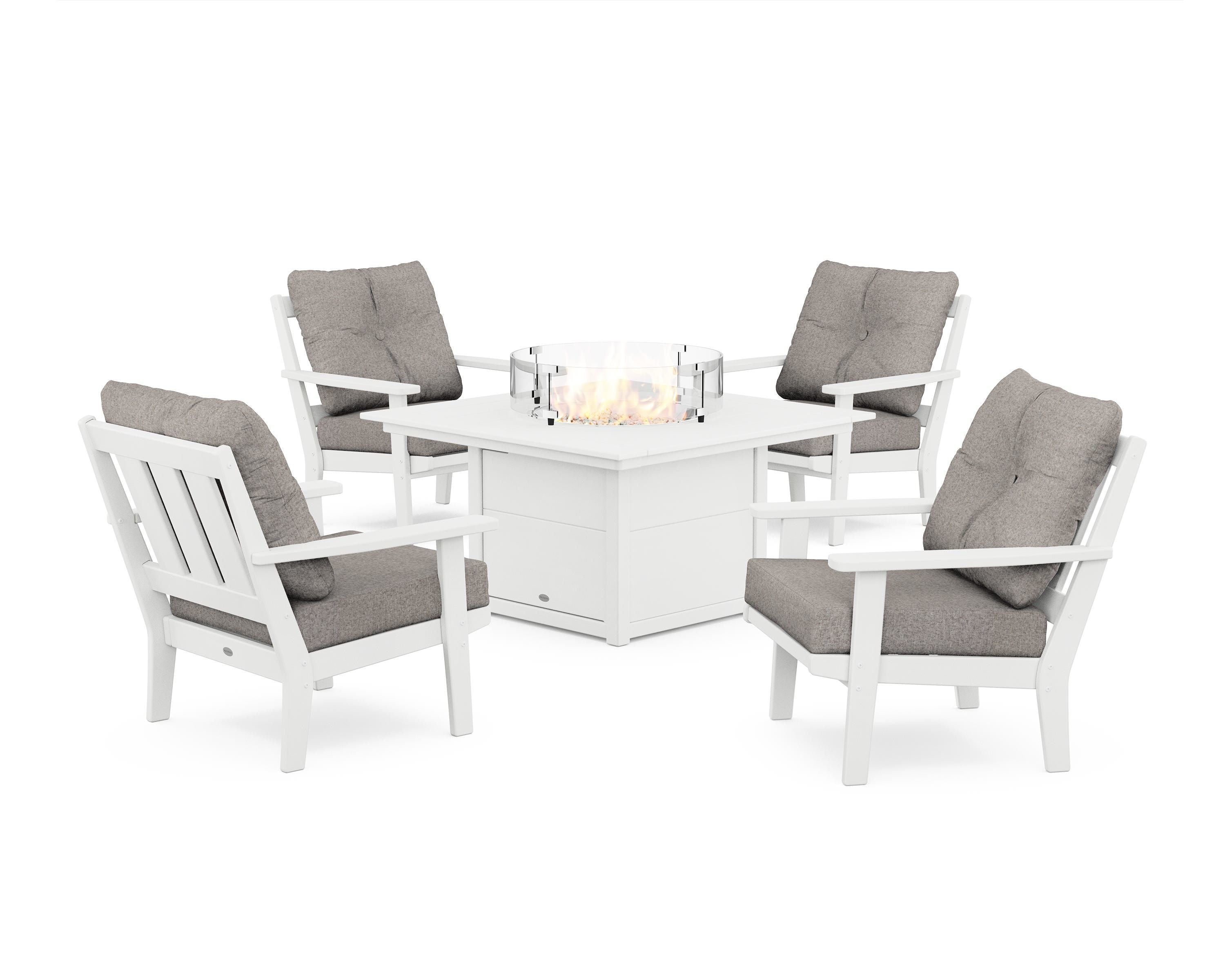 POLYWOOD Oxford 5-Piece Deep Seating Set with Fire Pit Table in White / Weathered Tweed