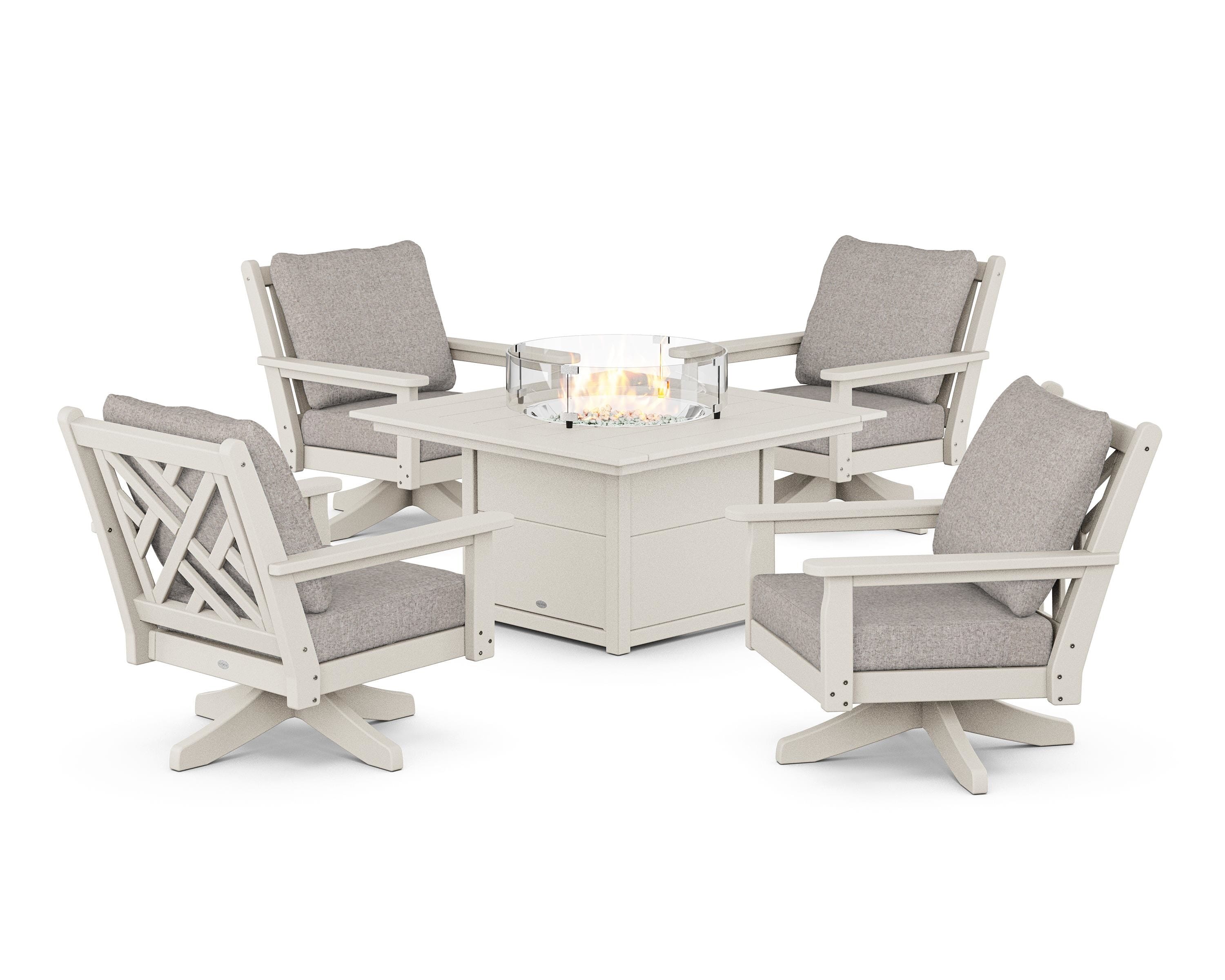 POLYWOOD Chippendale 5-Piece Deep Seating Swivel Conversation Set with Fire Pit Table in Sand / Weathered Tweed