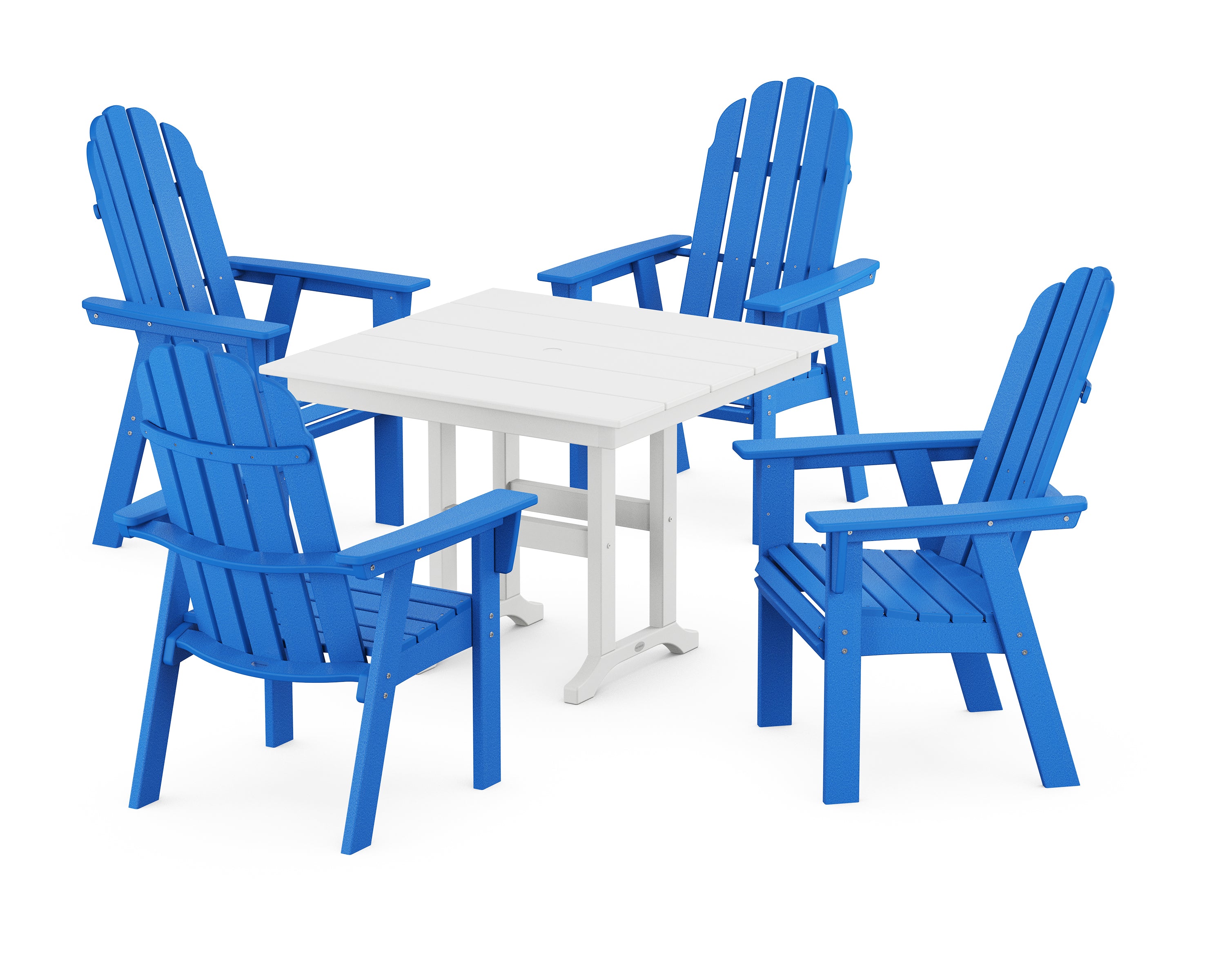 POLYWOOD® Vineyard Curveback Adirondack 5-Piece Farmhouse Dining Set in Pacific Blue / White