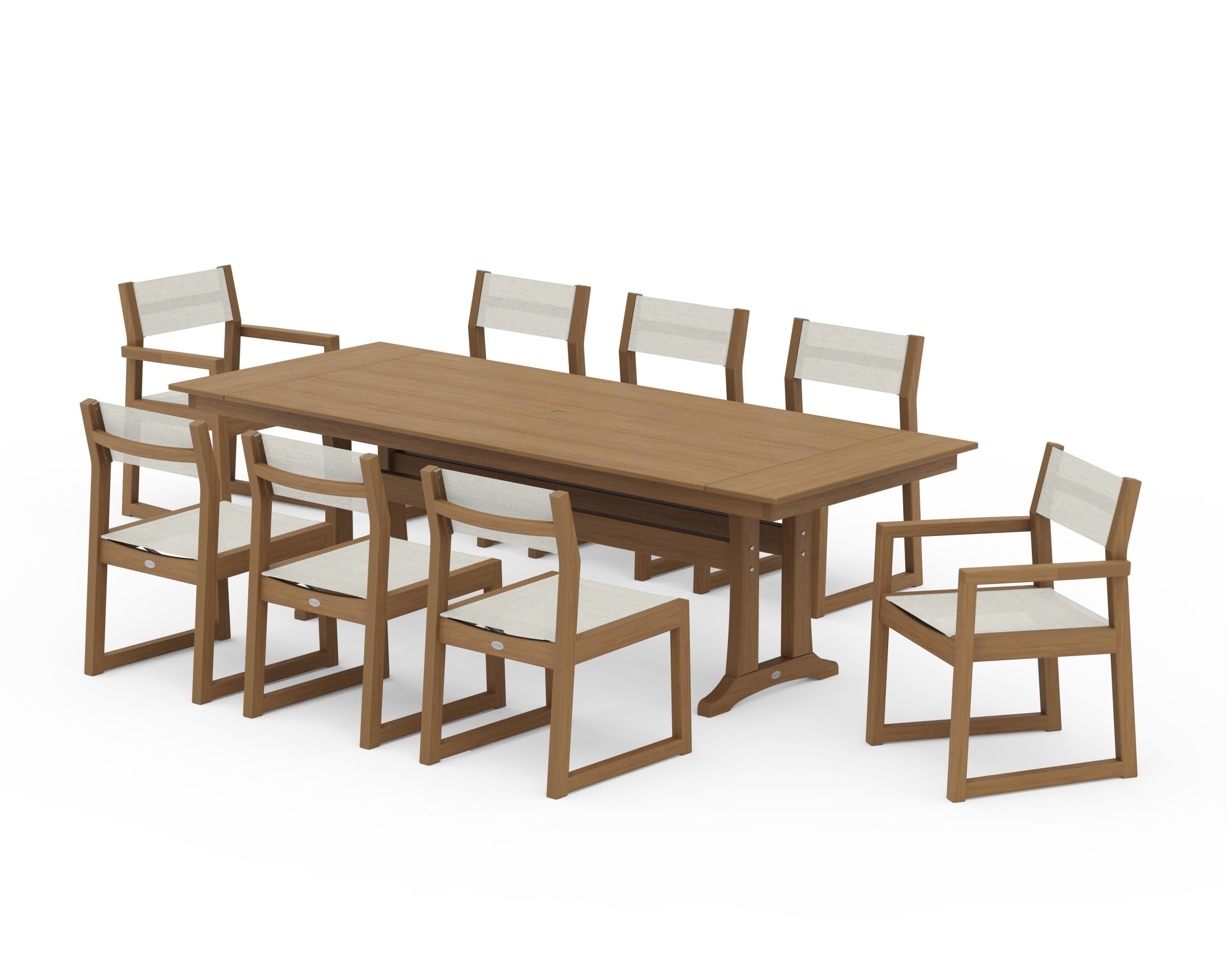 POLYWOOD EDGE Sling 9-Piece Farmhouse Trestle Dining Set in Natural / Parchment Sling