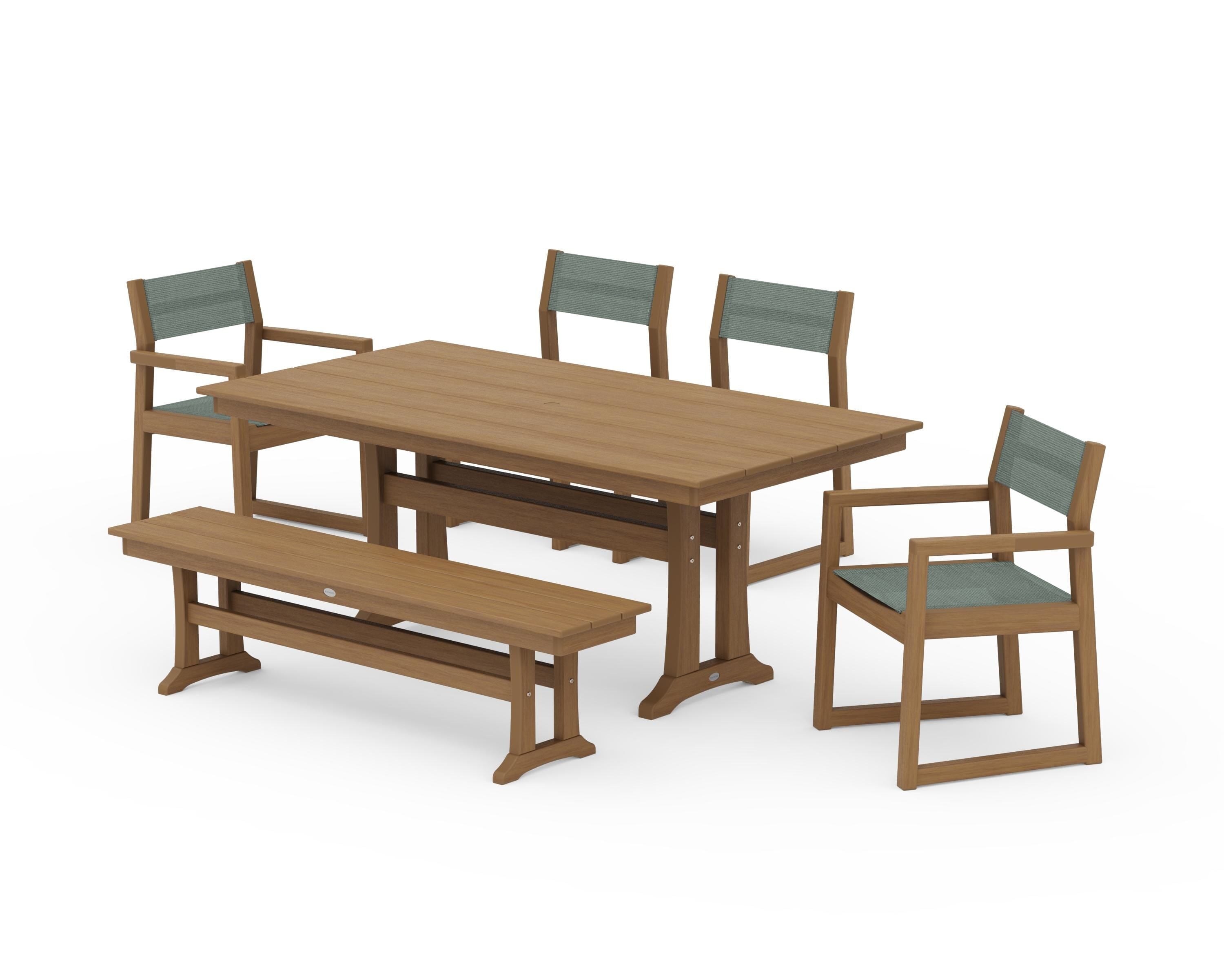POLYWOOD EDGE Sling 6-Piece Farmhouse Dining Set With Trestle Legs in Natural / Dupioni Sea Mist Sling