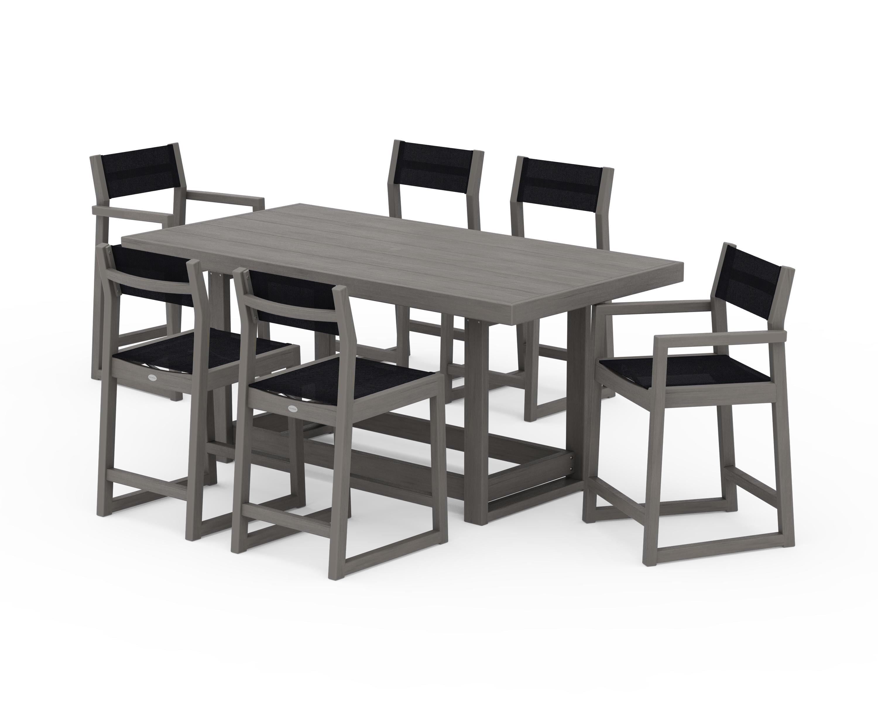 POLYWOOD EDGE Sling 7-Piece Counter Table Set in Driftwood / Black Sling