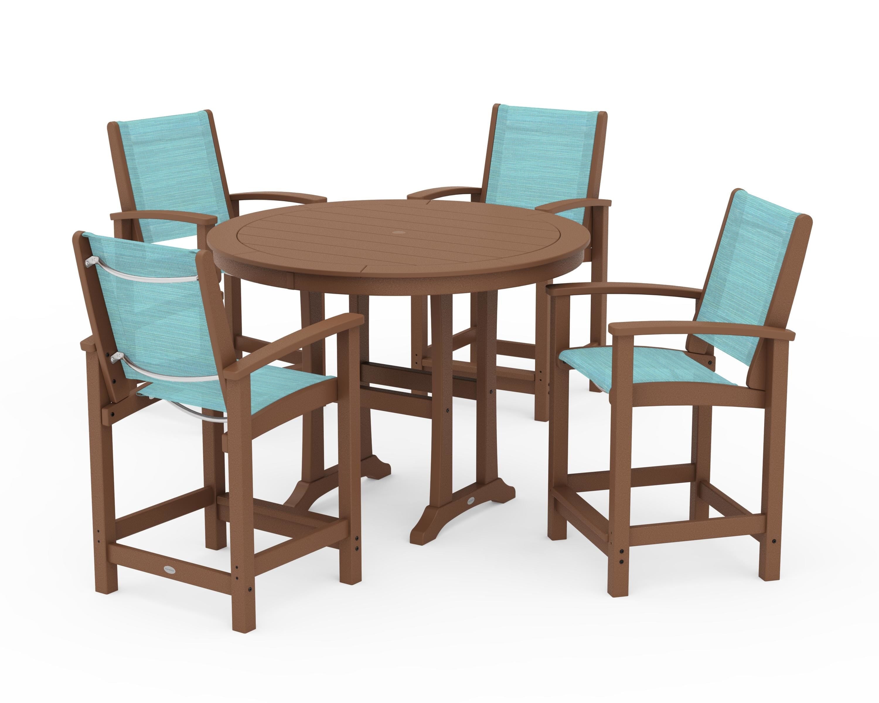 POLYWOOD Coastal 5-Piece Counter Set in Teak / Dupioni Aquamarine Sling