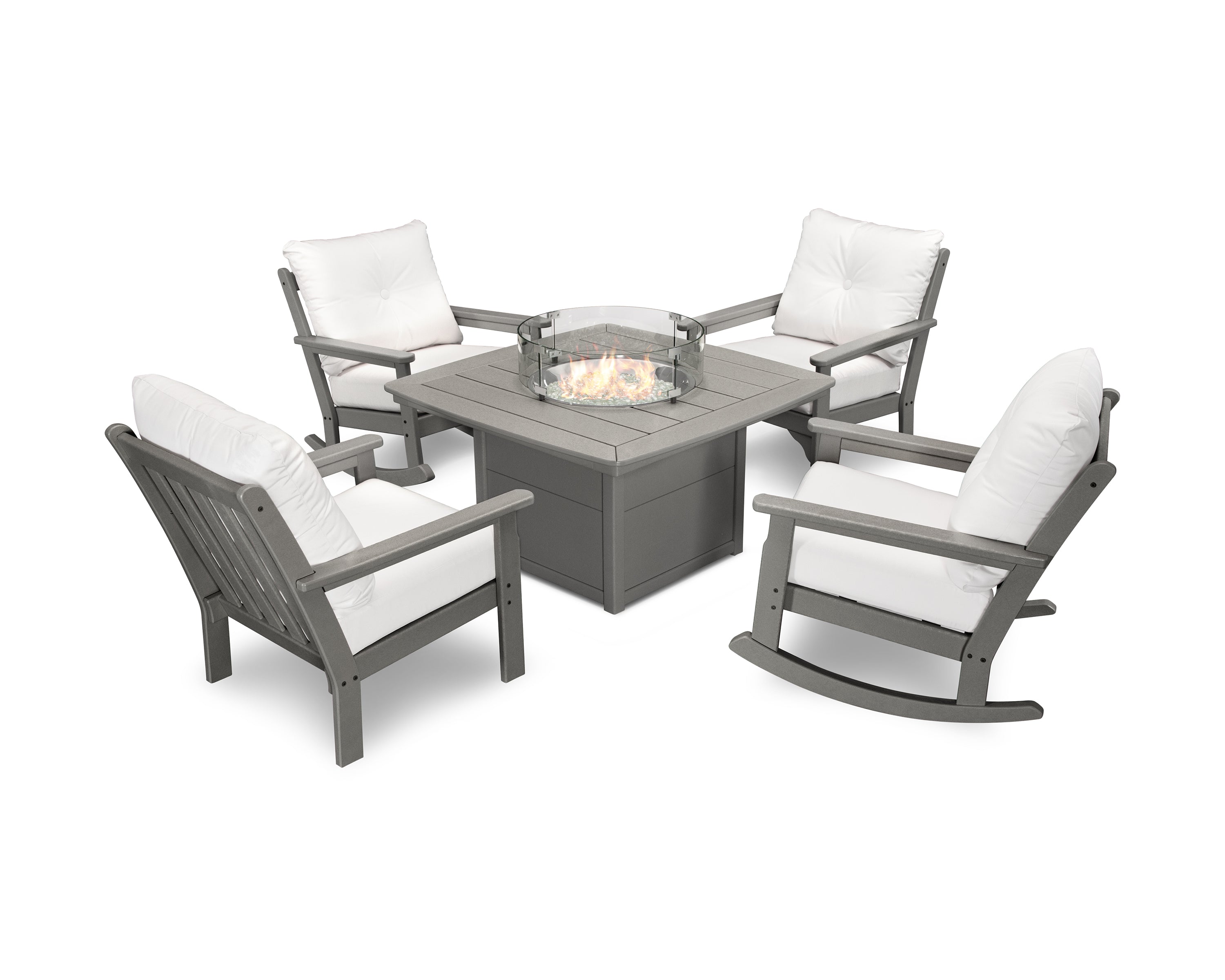 POLYWOOD Vineyard 5-Piece Deep Seating Rocking Chair Conversation Set with Fire Pit Table in Slate Grey / Natural