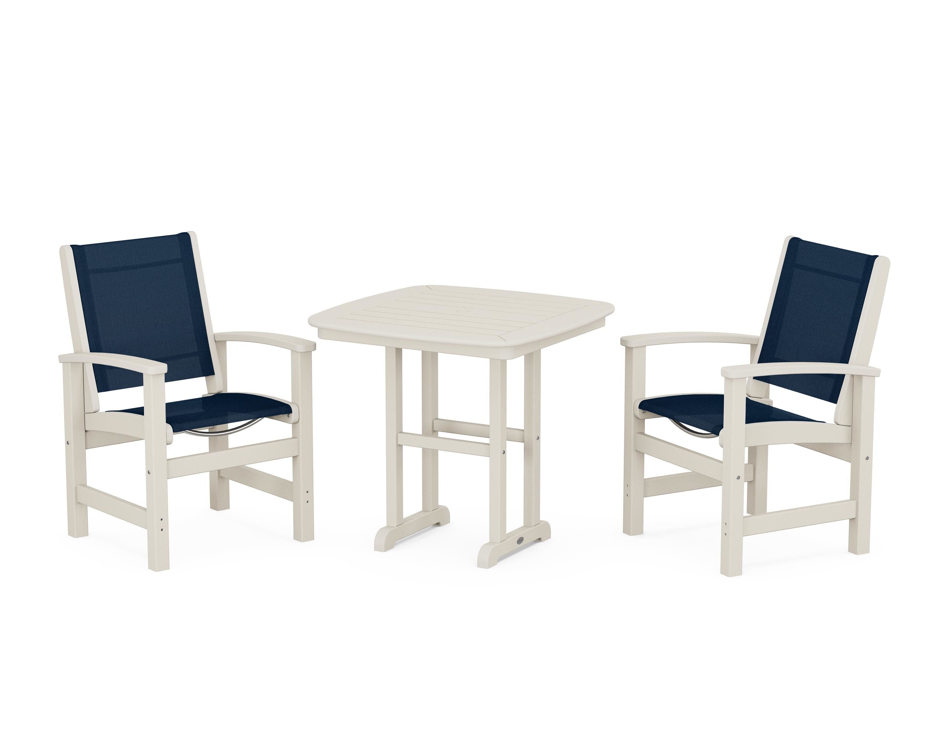 POLYWOOD Coastal 3-Piece Dining Set in Sand / Navy Blue Sling