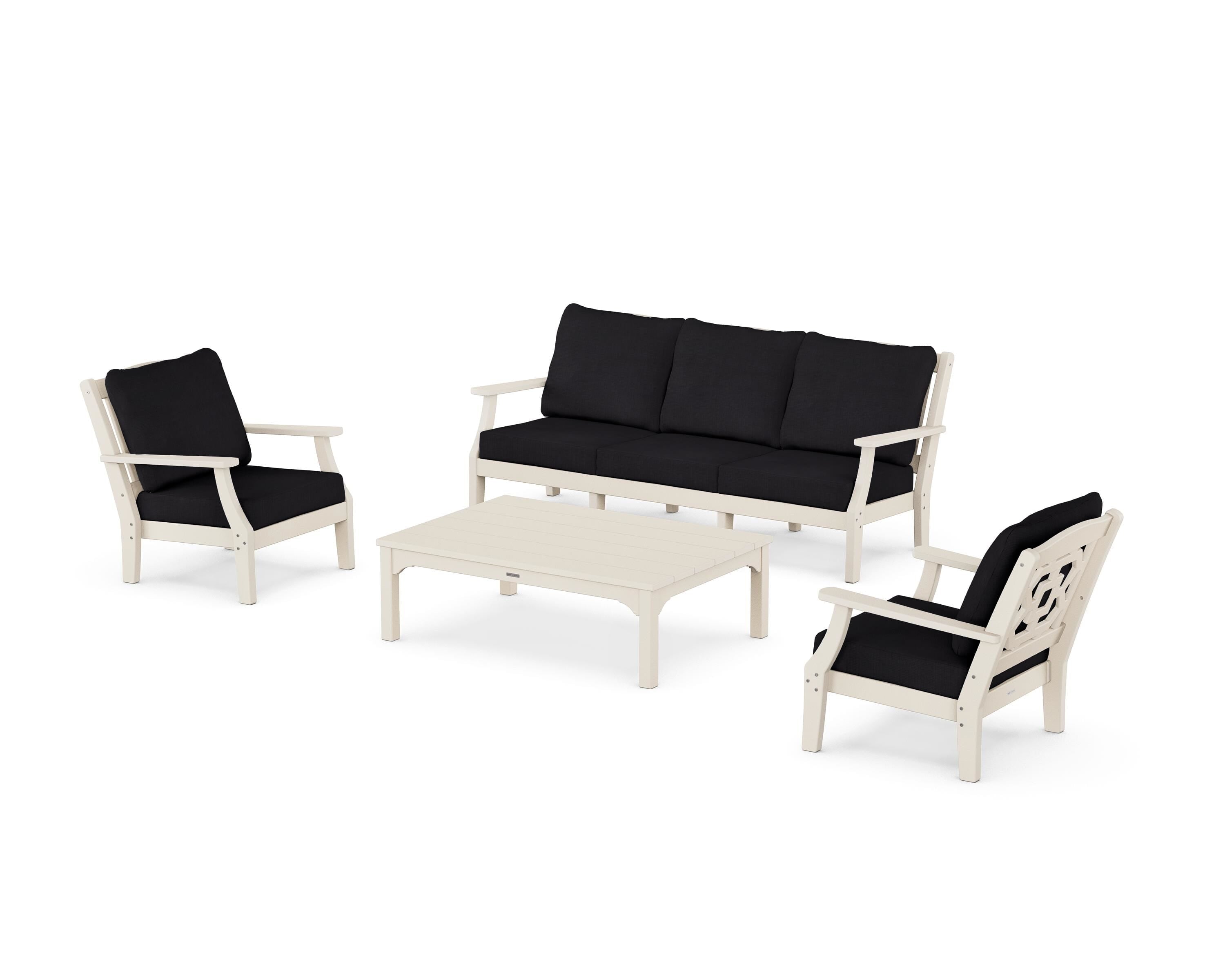 Martha Stewart by POLYWOOD Chinoiserie 4-Piece Deep Seating Set with Sofa in Sand / Midnight Linen