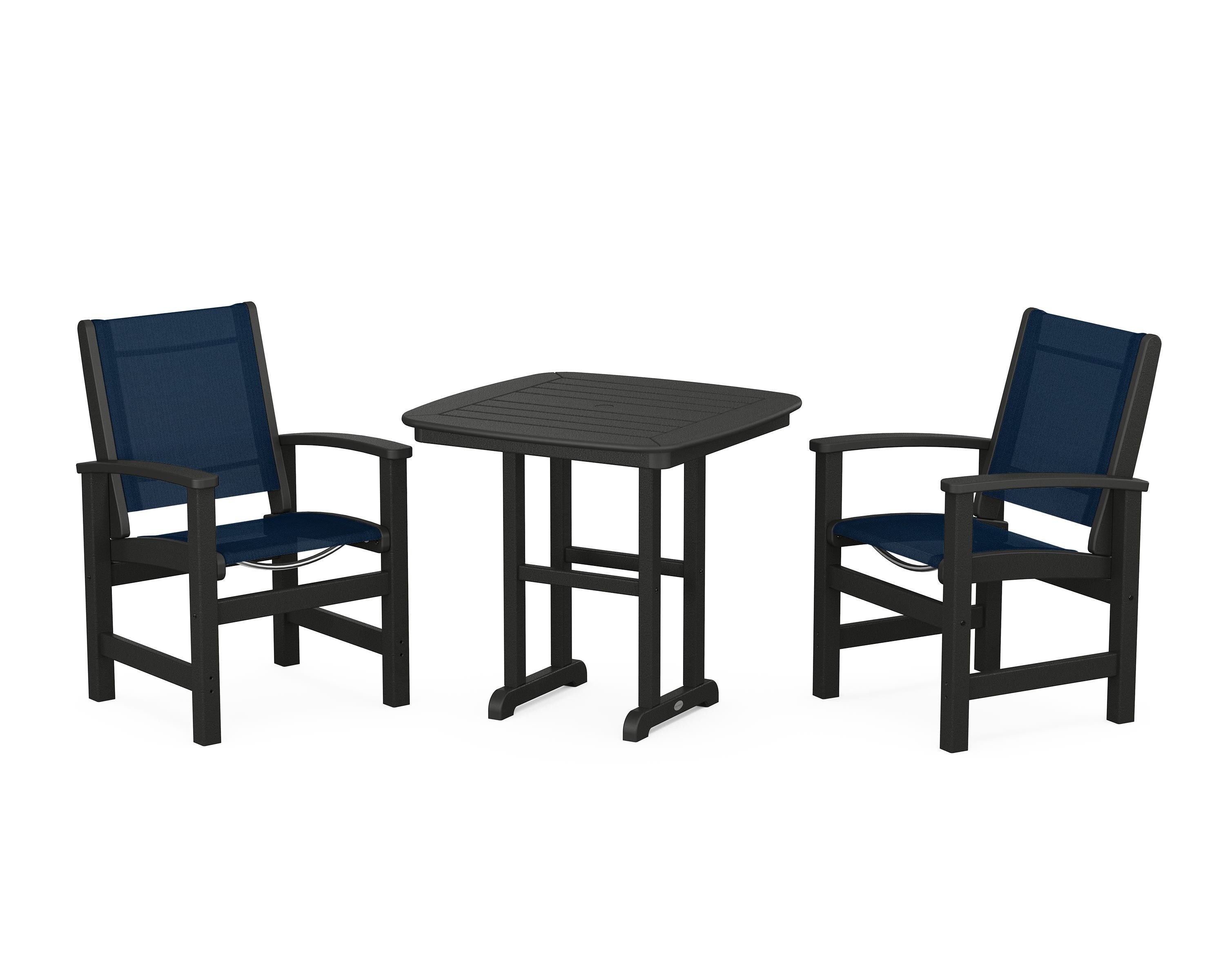 POLYWOOD Coastal 3-Piece Dining Set in Black / Navy Blue Sling