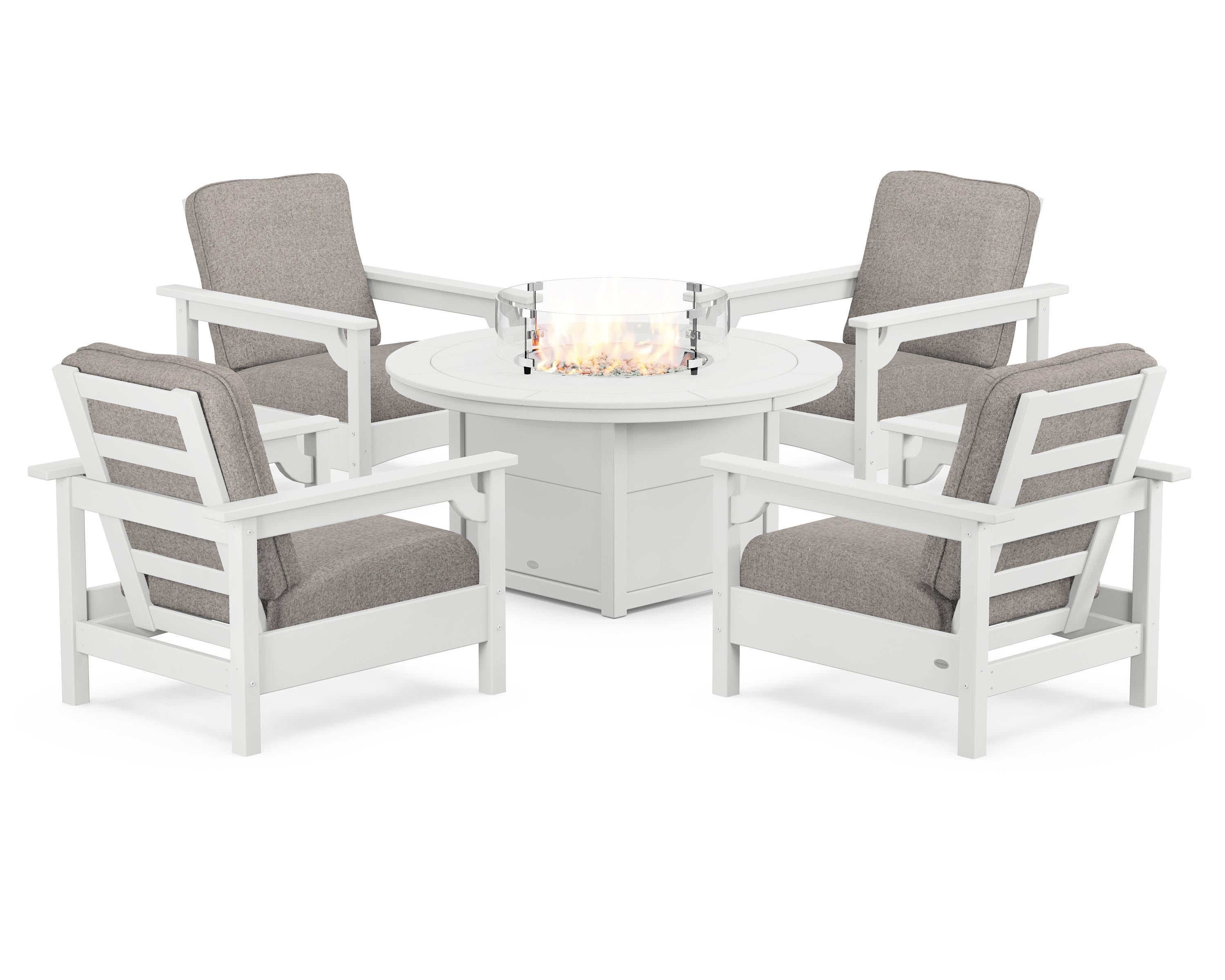POLYWOOD Club 5-Piece Conversation Set with Fire Pit Table in White / Weathered Tweed
