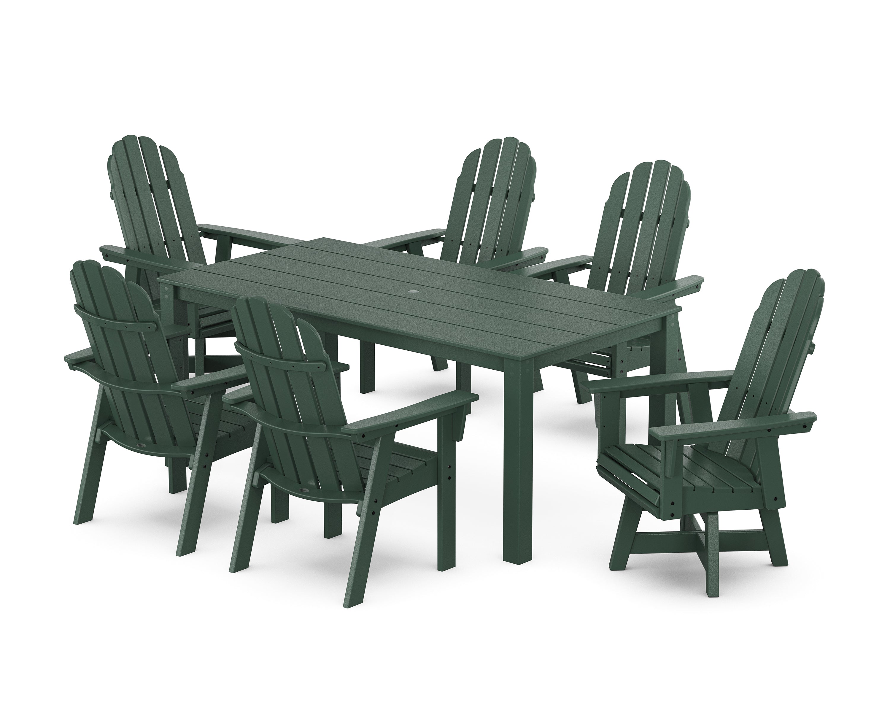 POLYWOOD® Vineyard Curveback Adirondack 7-Piece Parsons Swivel Dining Set in Green