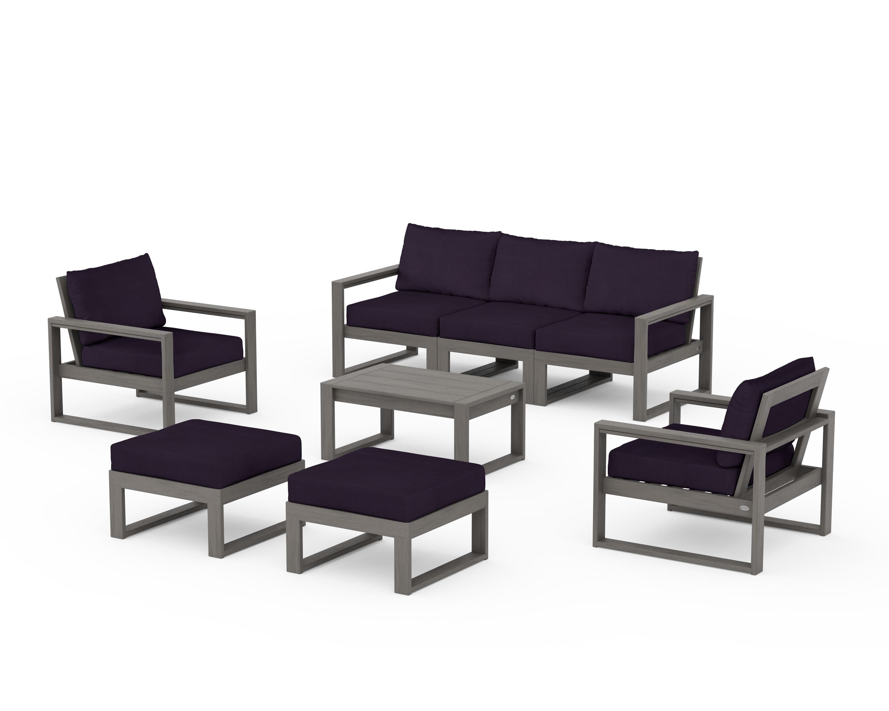 POLYWOOD EDGE Sectional 8-Piece Lounge Sofa Set in Driftwood / Navy Linen